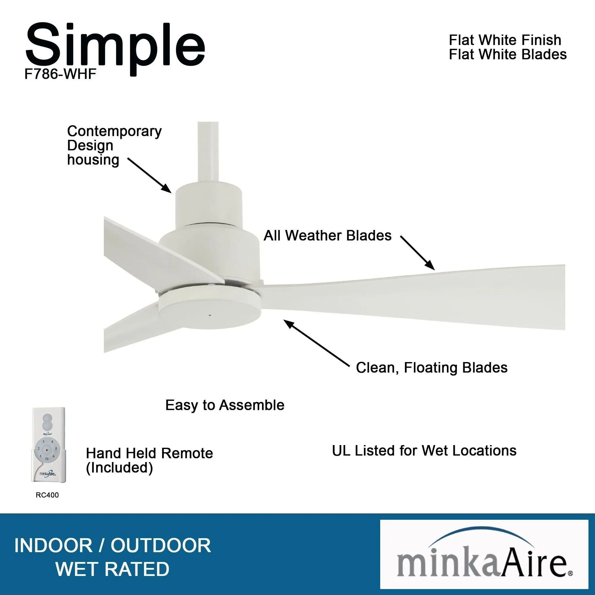 Simple 44" White Wet Rated Ceiling Fan with Remote