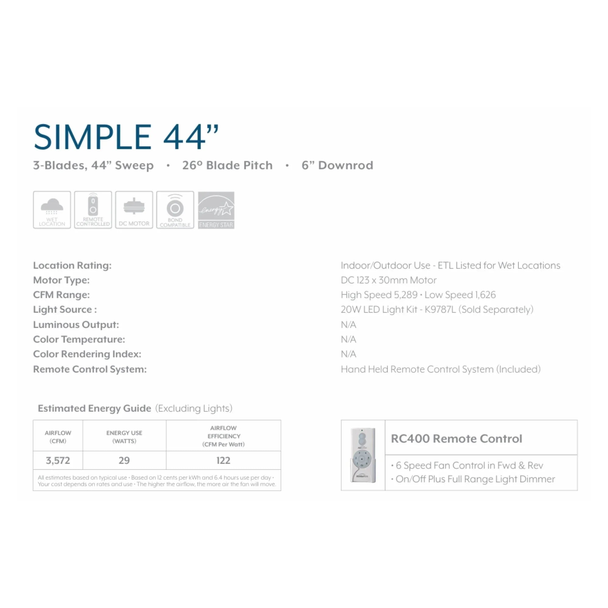 Simple 44" White Wet Rated Ceiling Fan with Remote