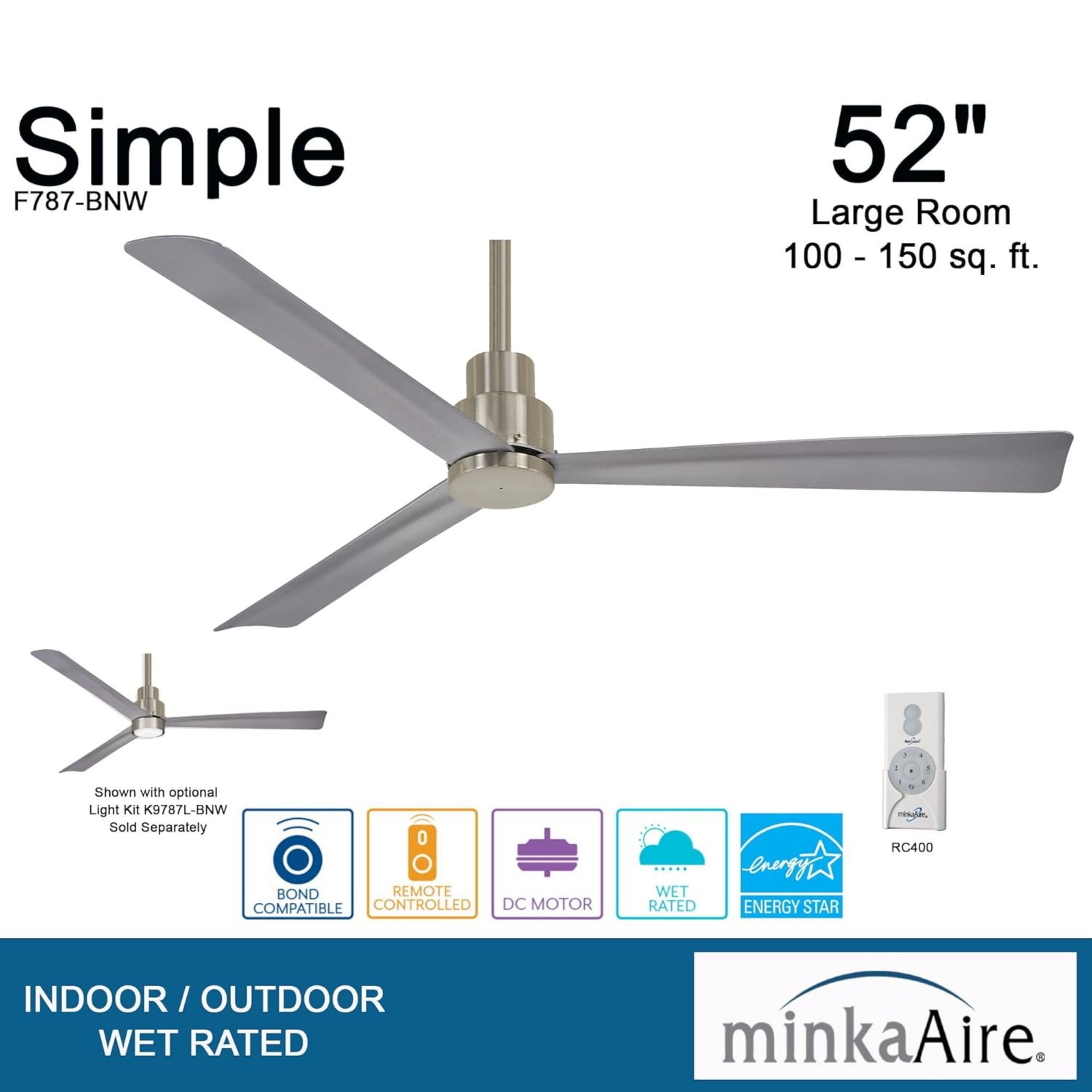 Simple 52" Nickel Wet Rated Ceiling Fan with Remote