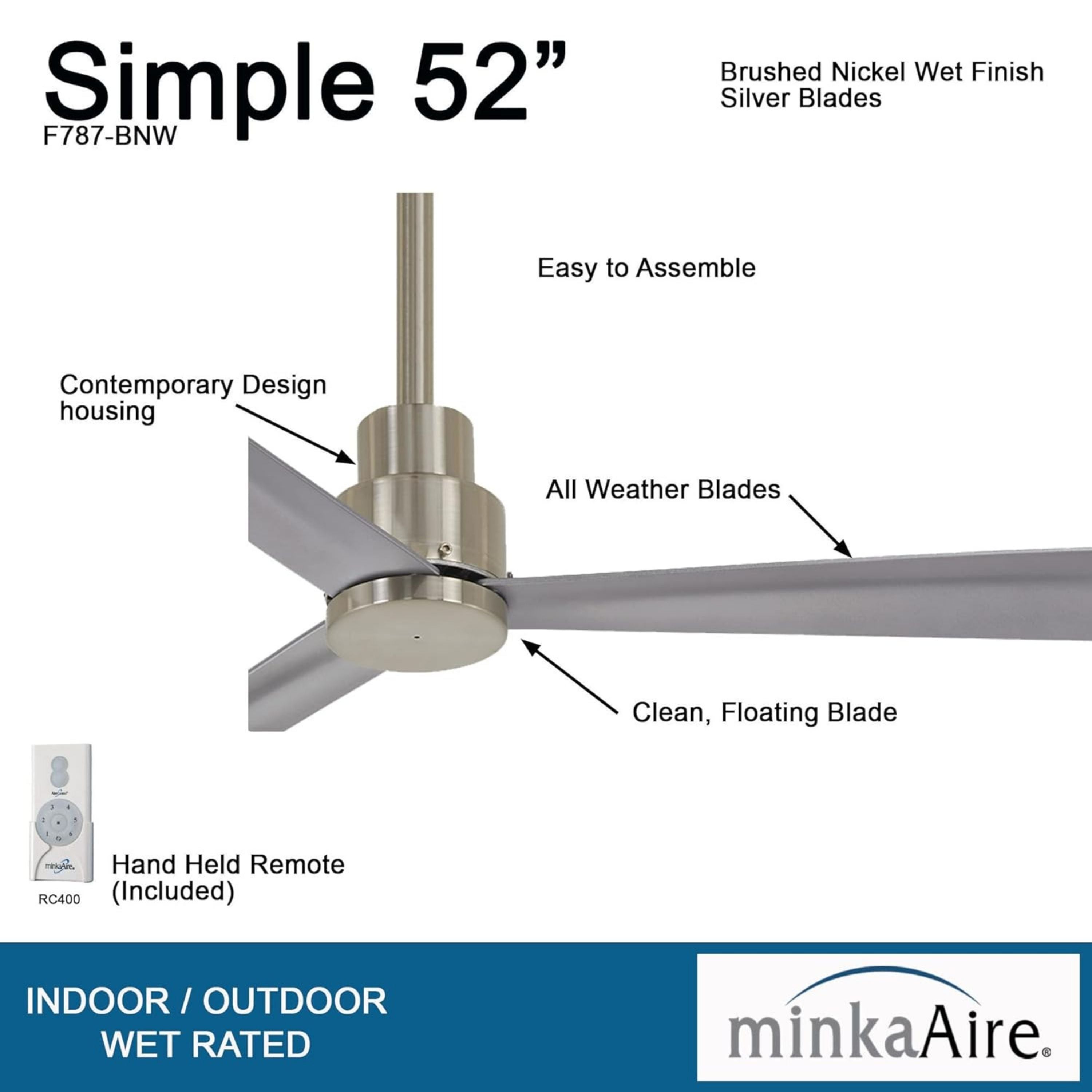 Simple 52" Nickel Wet Rated Ceiling Fan with Remote