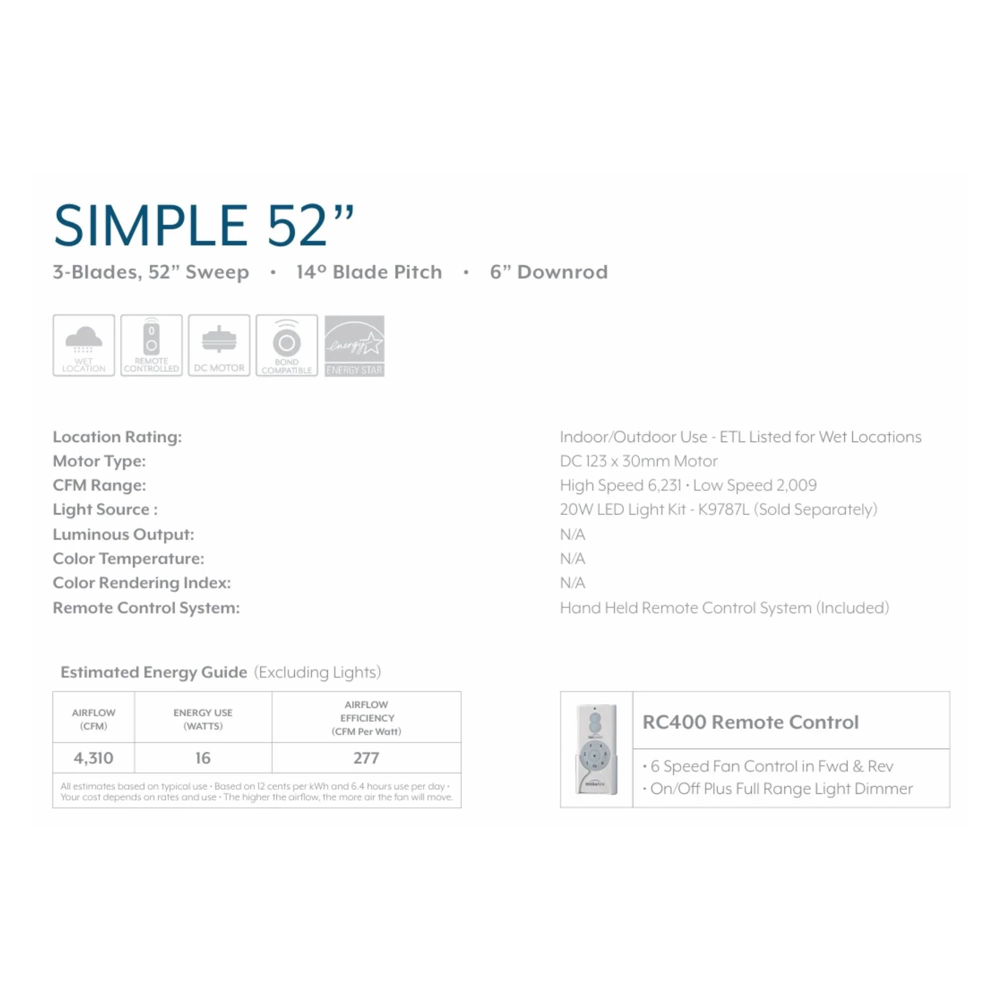 Simple 52" Nickel Wet Rated Ceiling Fan with Remote