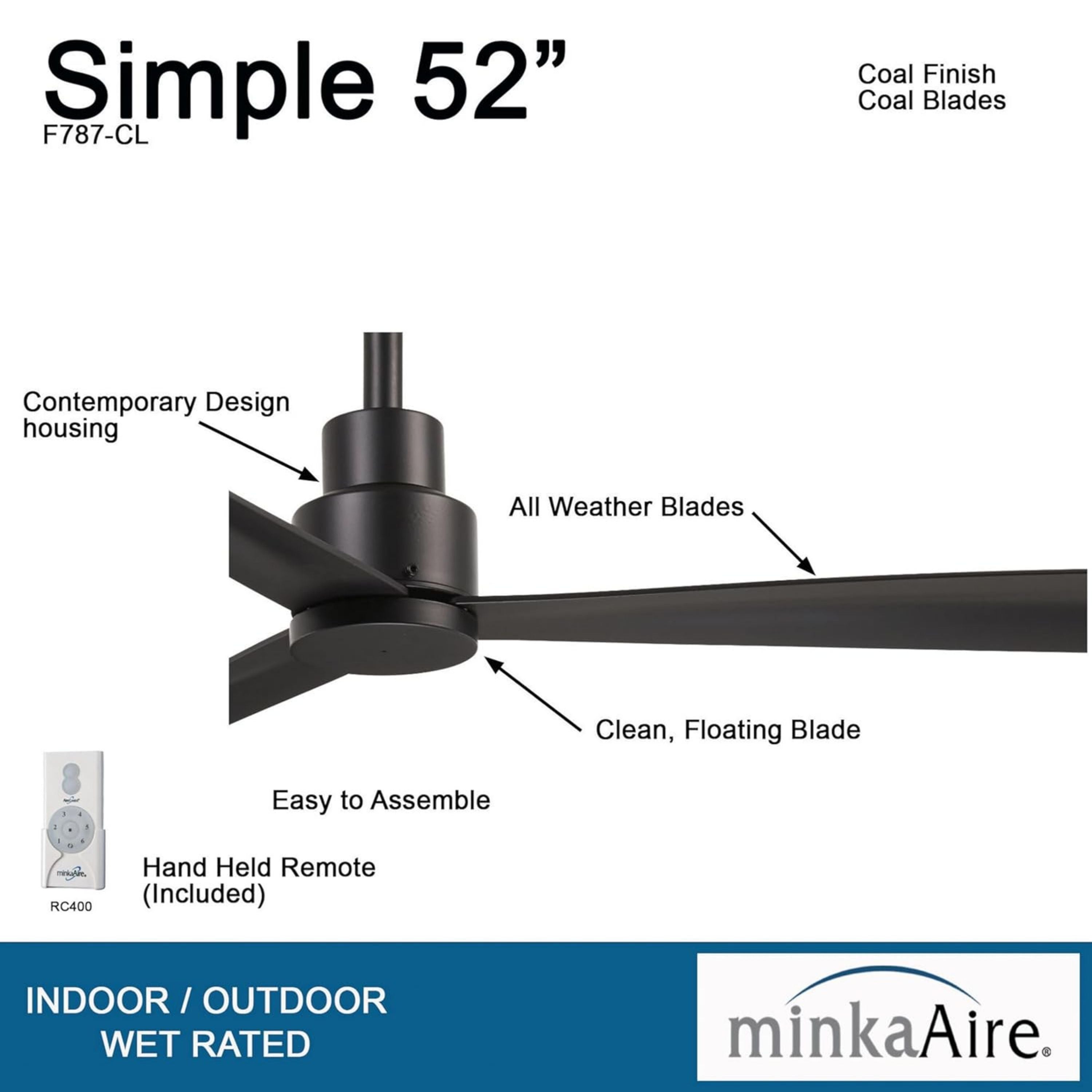 Simple 52" Black Coal Wet Rated Ceiling Fan with Remote