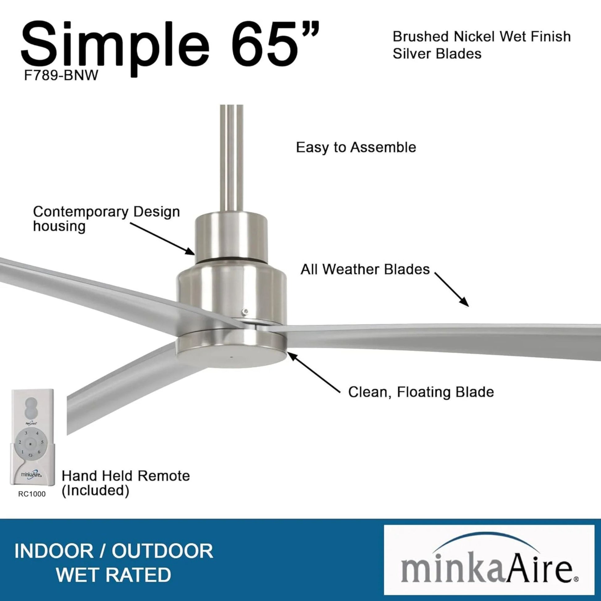 Simple XL 65" Nickel Wet Rated Ceiling Fan with Remote - Bees Lighting