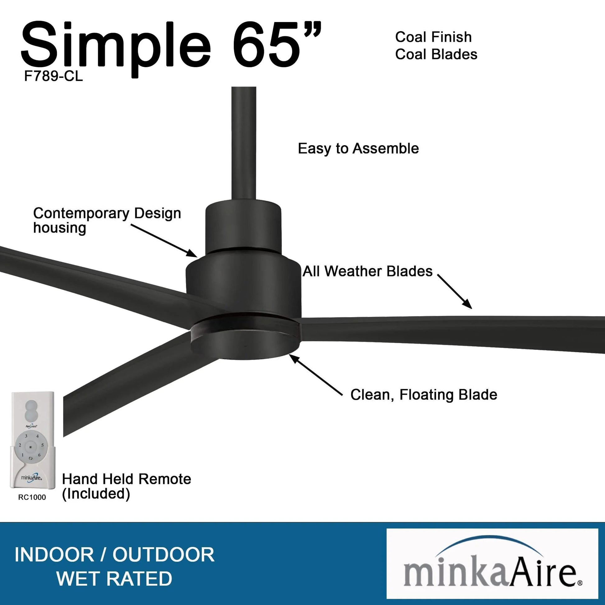 Simple XL 65" Black Coal Wet Rated Ceiling Fan with Remote - Bees Lighting