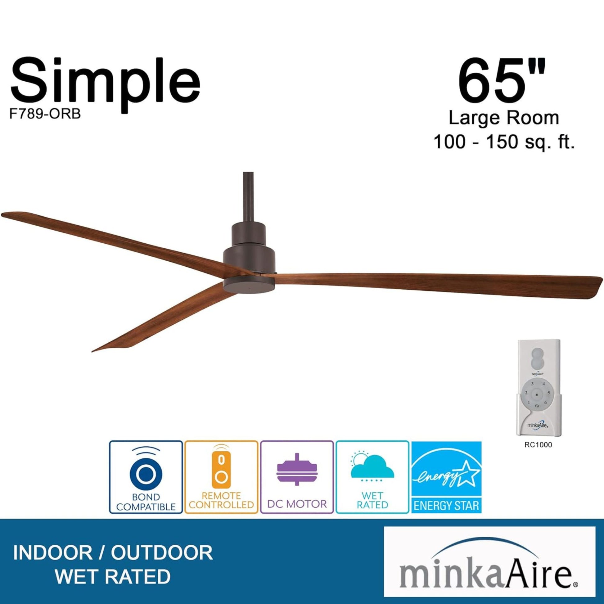 Simple XL 65" Bronze Wet Rated Ceiling Fan with Remote - Bees Lighting