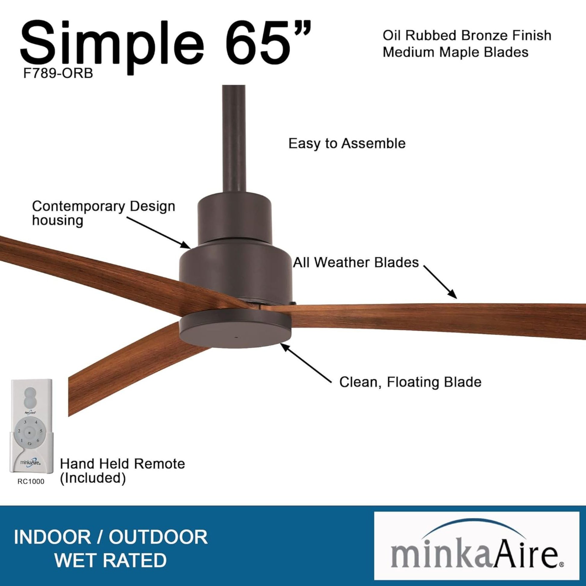 Simple XL 65" Bronze Wet Rated Ceiling Fan with Remote - Bees Lighting