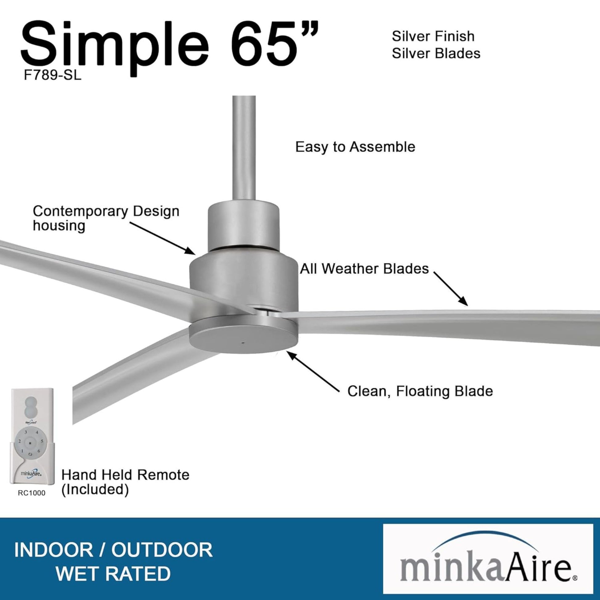 Simple XL 65" Silver Wet Rated Ceiling Fan with Remote - Bees Lighting