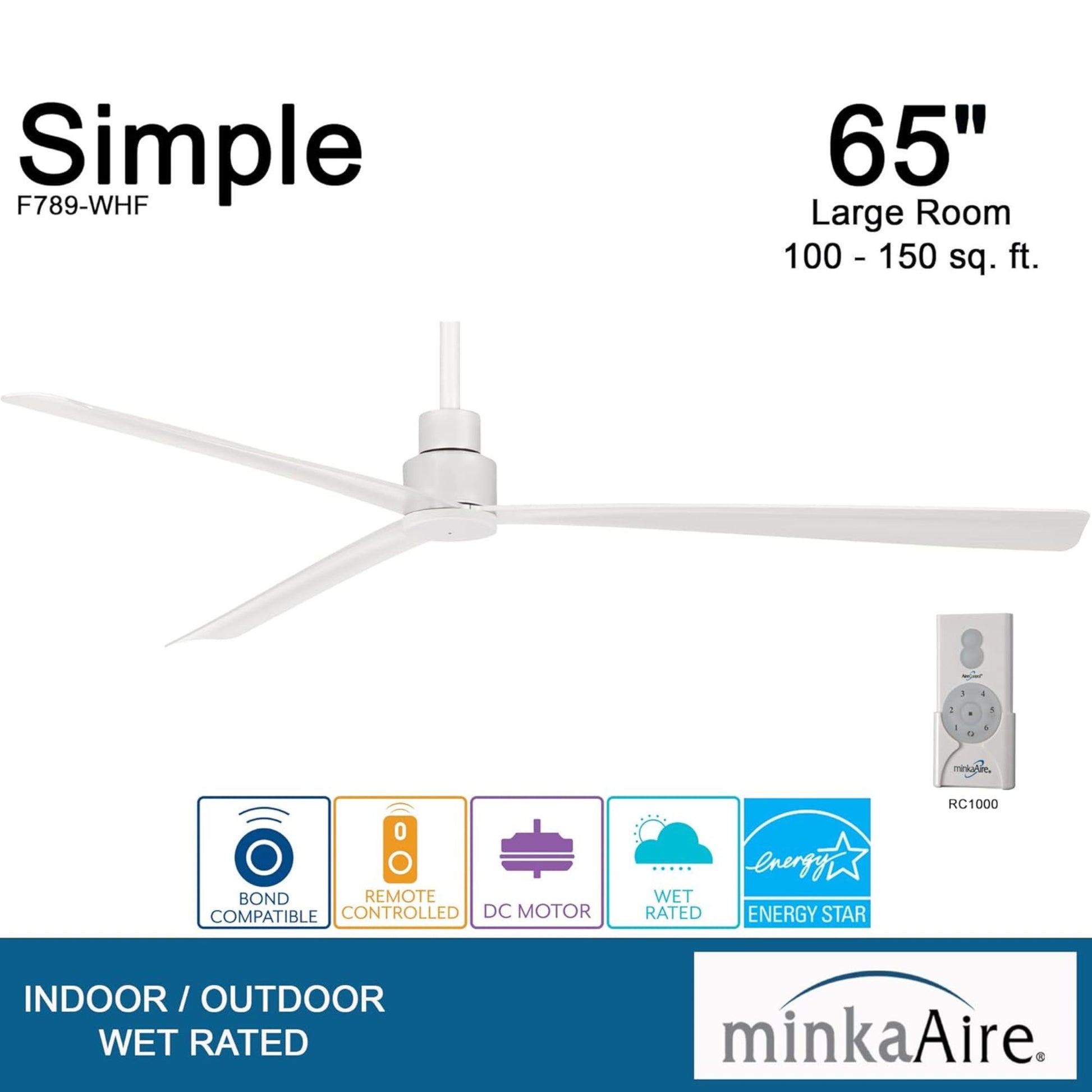 Simple XL 65" White Wet Rated Ceiling Fan with Remote - Bees Lighting