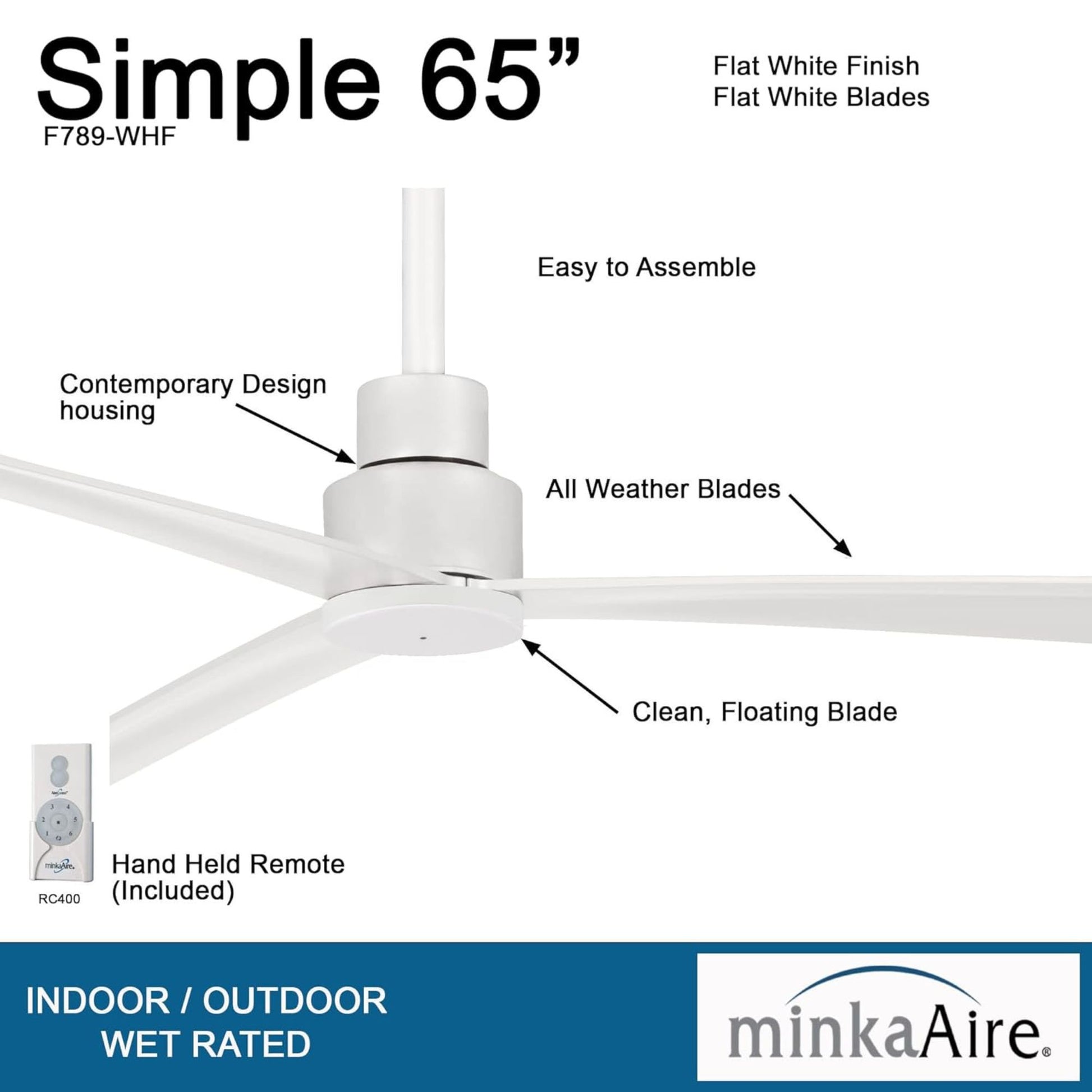 Simple XL 65" White Wet Rated Ceiling Fan with Remote - Bees Lighting