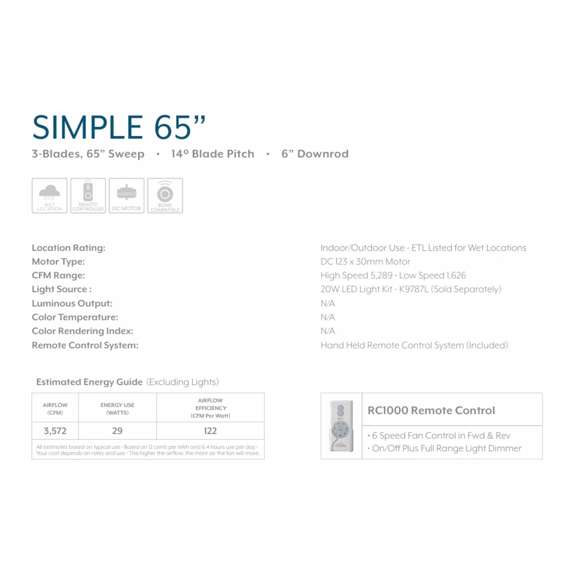 Simple XL 65" White Wet Rated Ceiling Fan with Remote