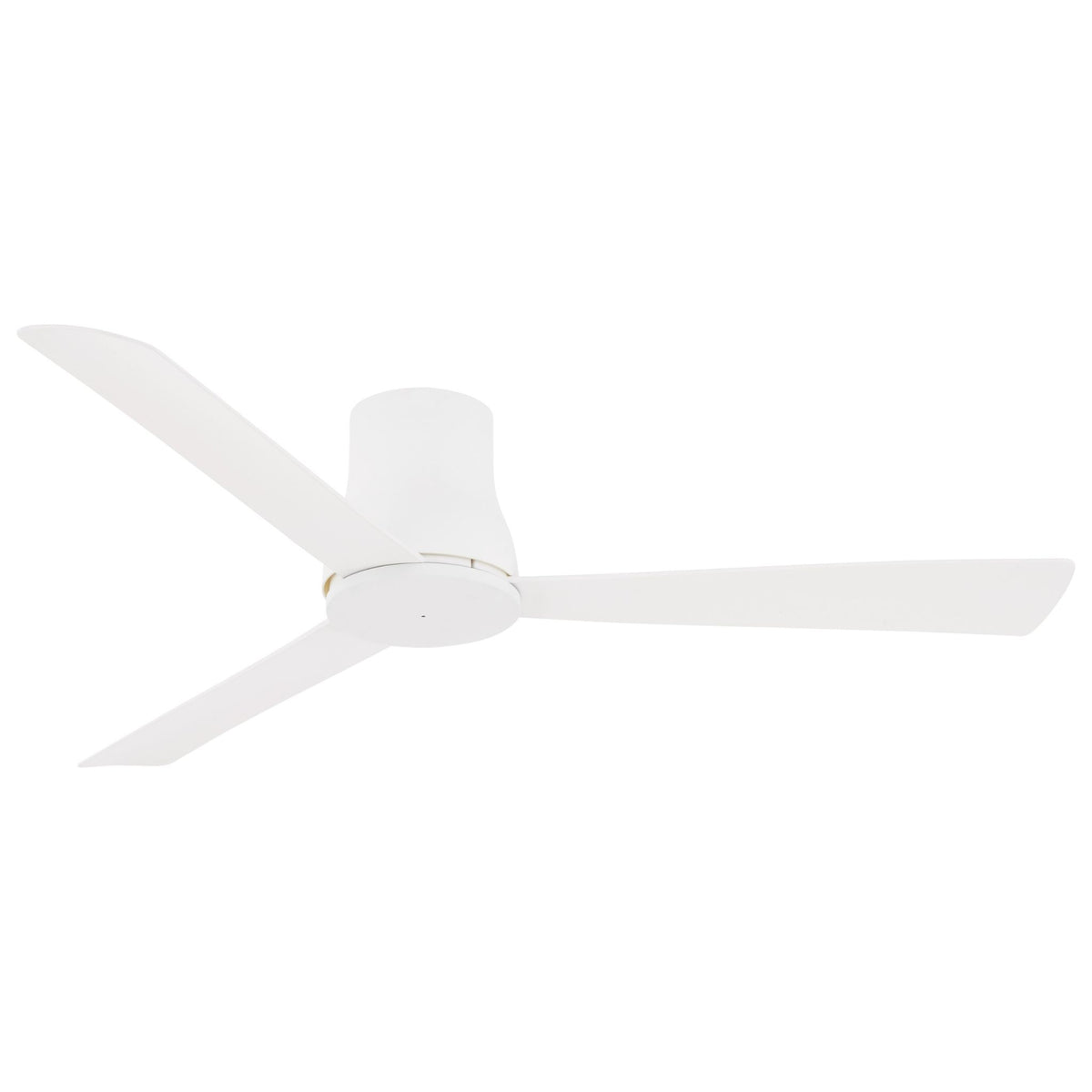 White flush-mount 52 in ceiling fan with three blades and central motor housing