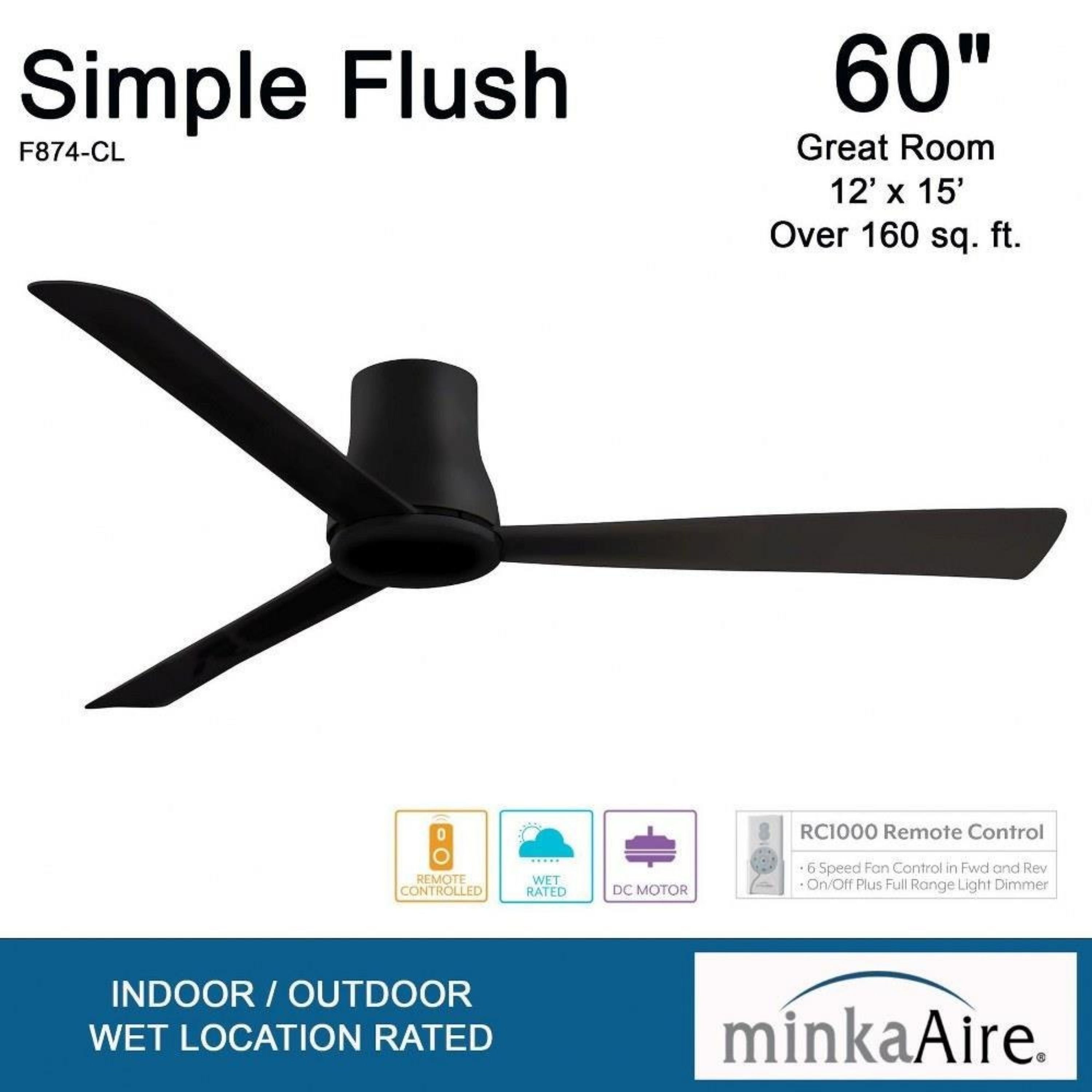Simple Flush 60" Black Coal Wet Rated Ceiling Fan with Remote