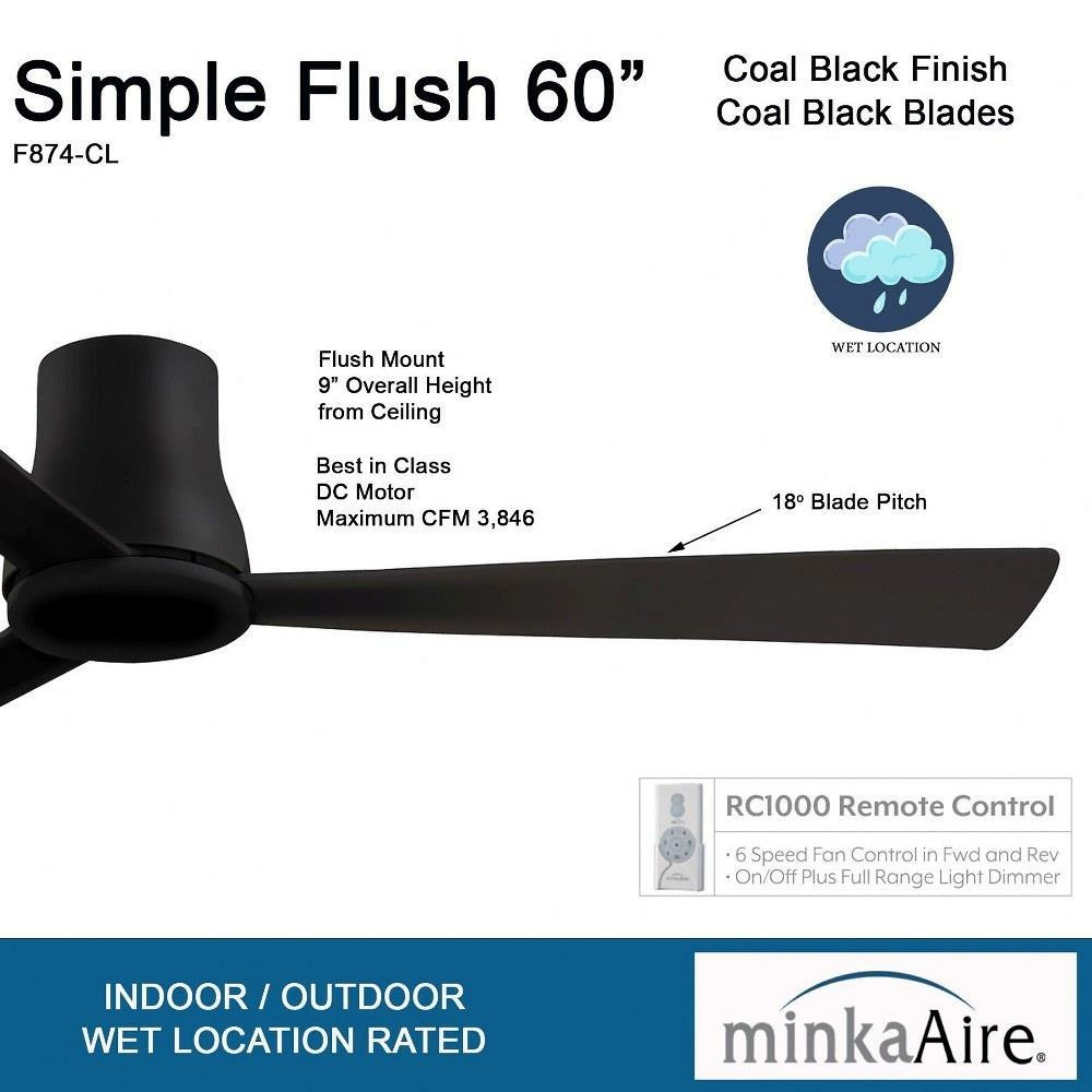 Simple Flush 60" Black Coal Wet Rated Ceiling Fan with Remote