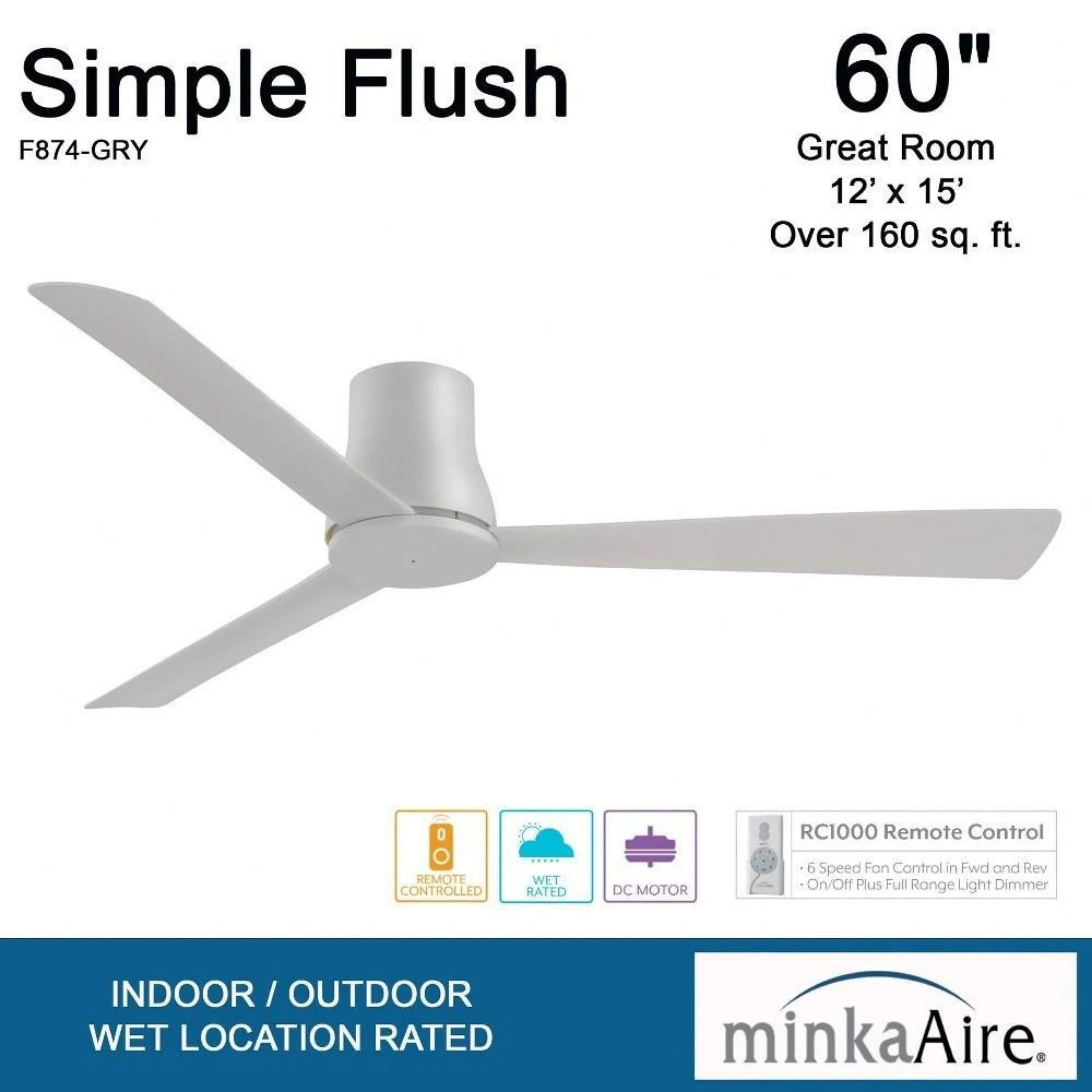Simple Flush 60" Gray Wet Rated Ceiling Fan with Remote