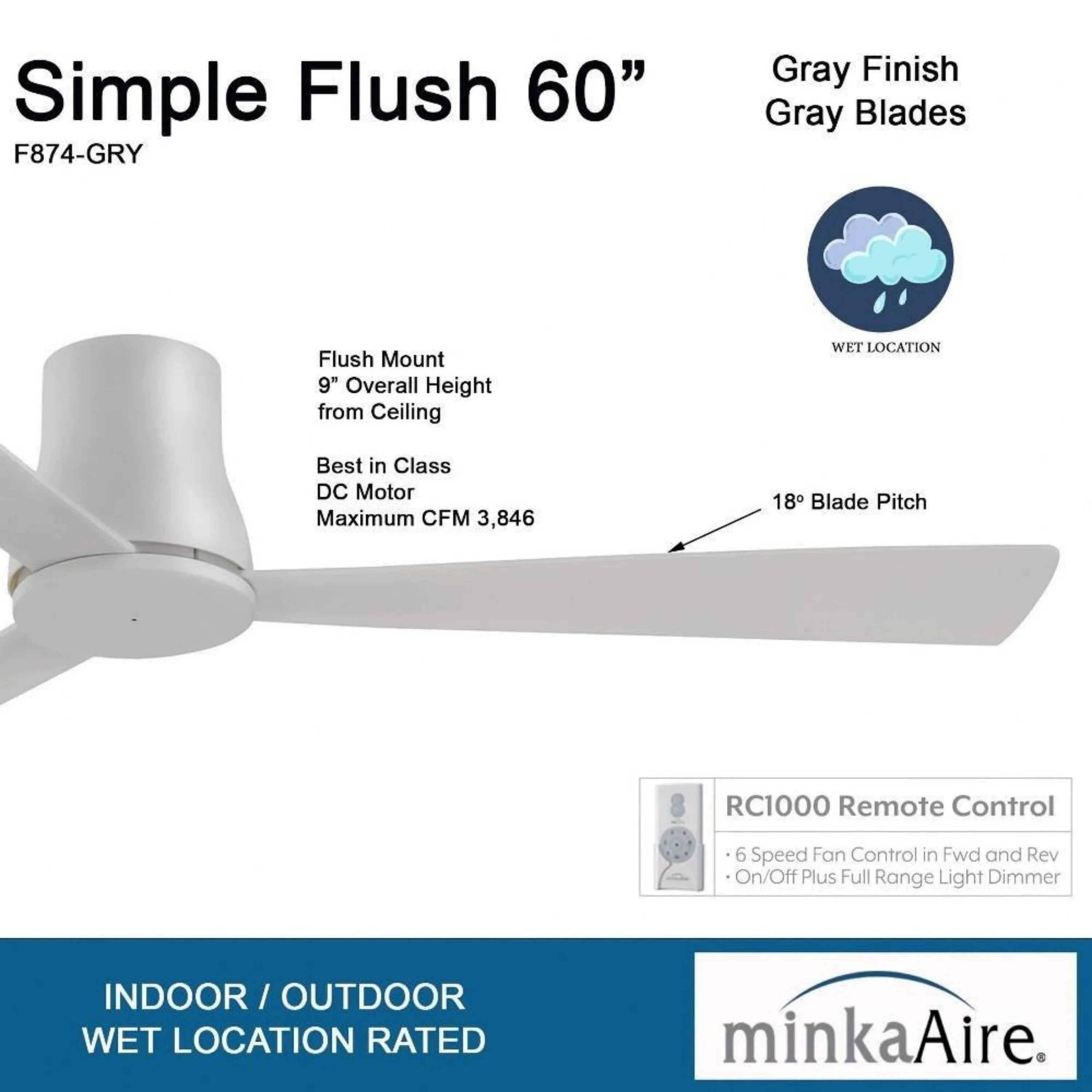 Simple Flush 60" Gray Wet Rated Ceiling Fan with Remote