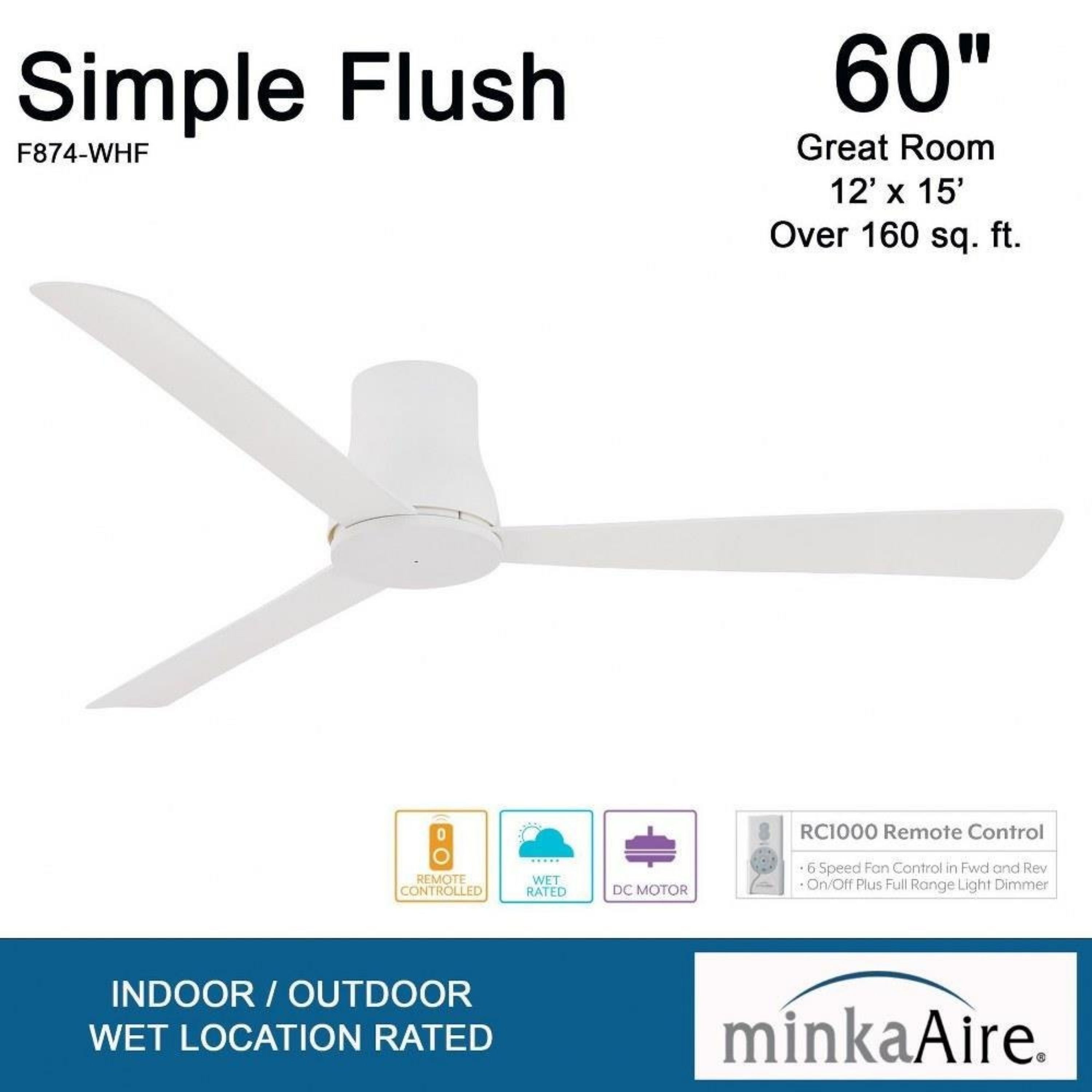 Simple Flush 60" White Wet Rated Ceiling Fan with Remote