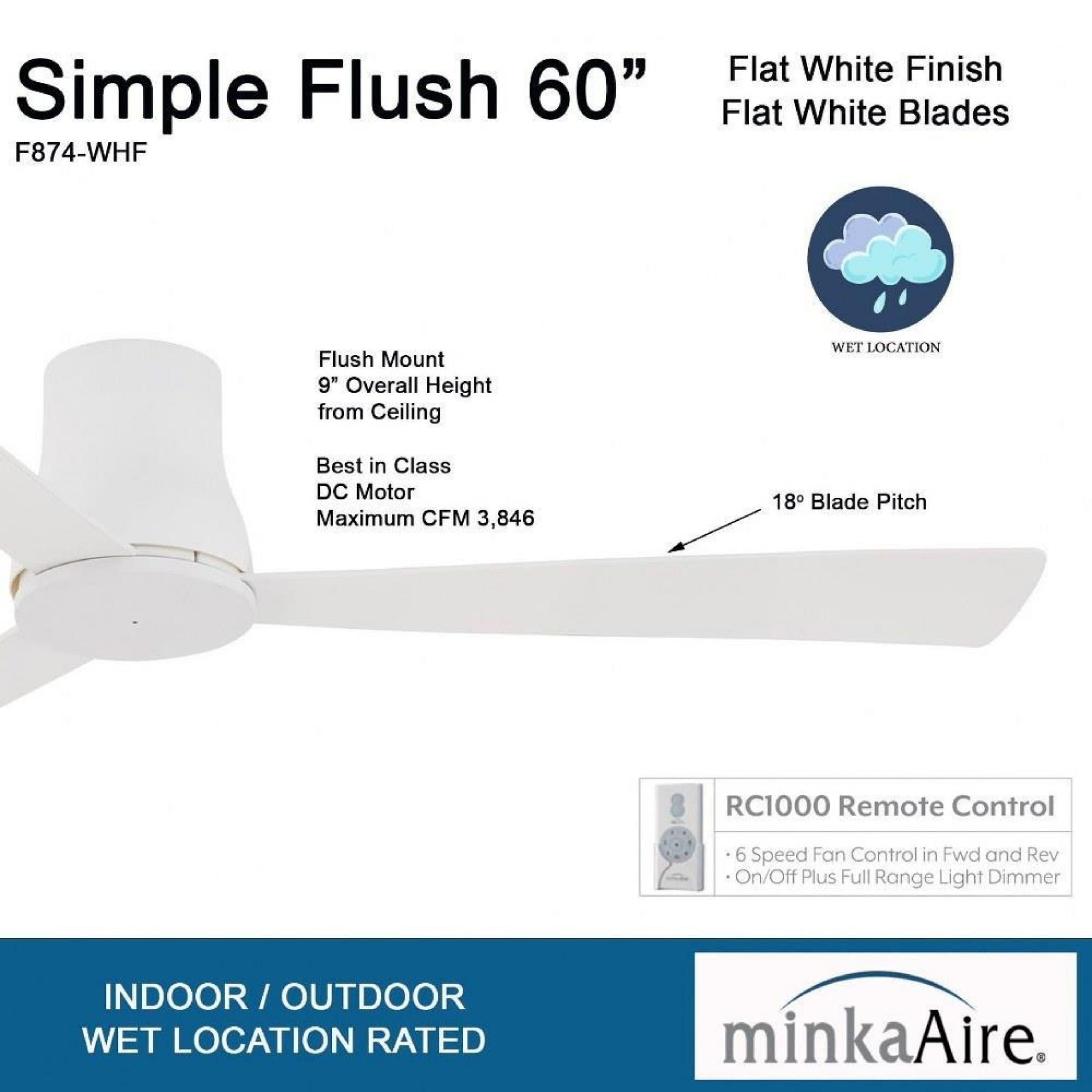 Simple Flush 60" White Wet Rated Ceiling Fan with Remote