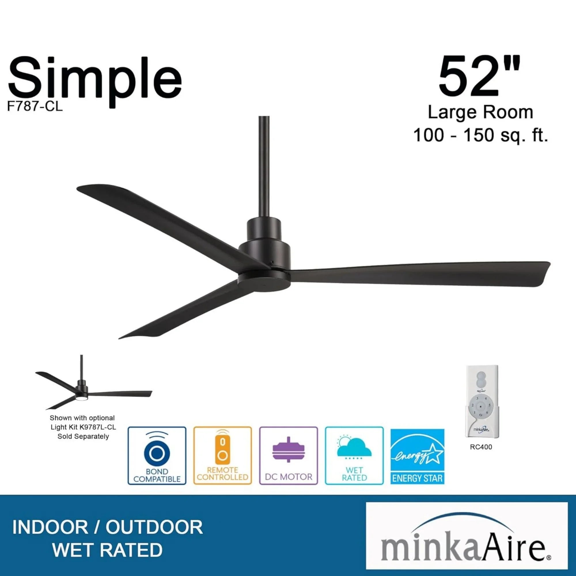 Simple 52" Black Coal Wet Rated Ceiling Fan with Remote