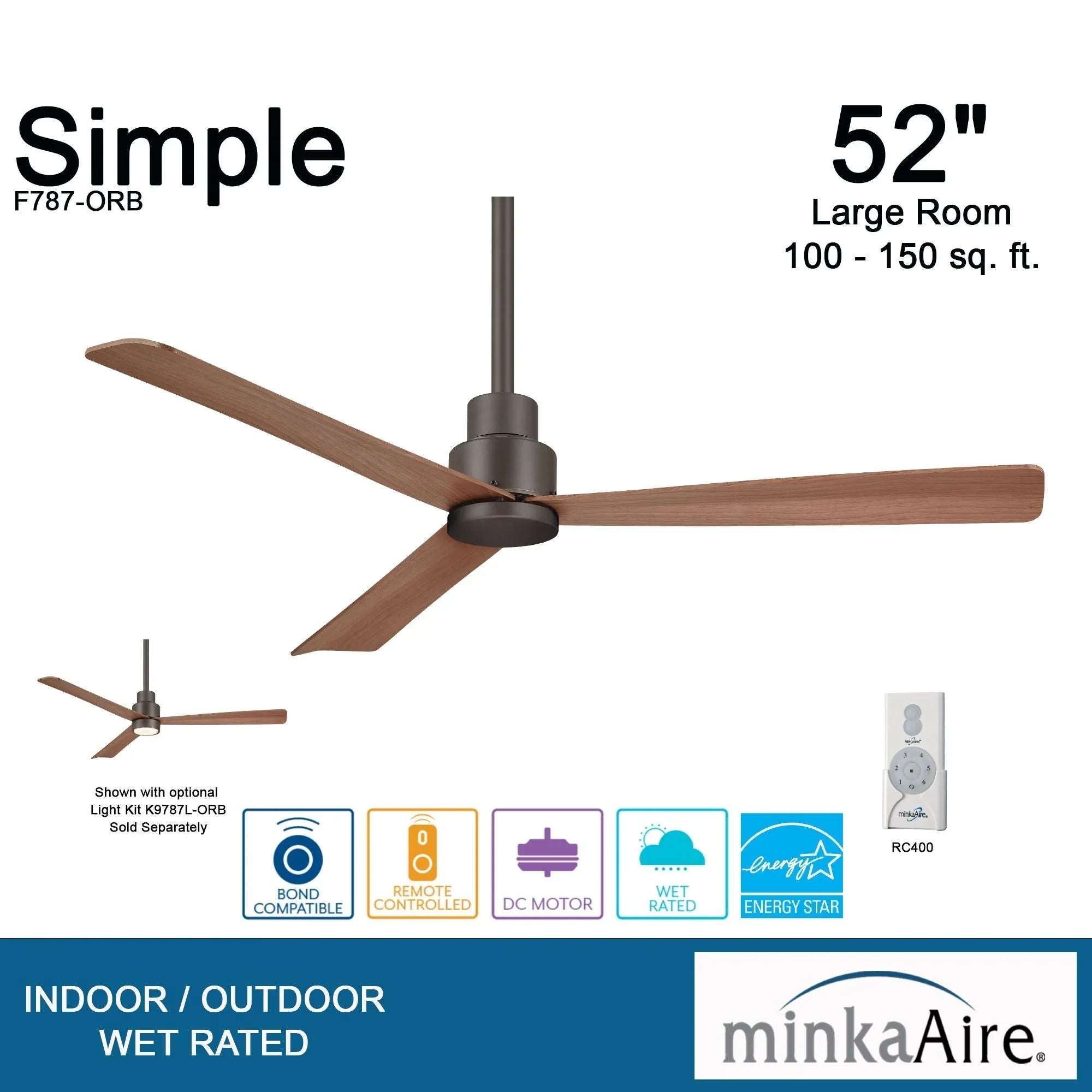 Simple 52" Bronze Wet Rated Ceiling Fan with Remote