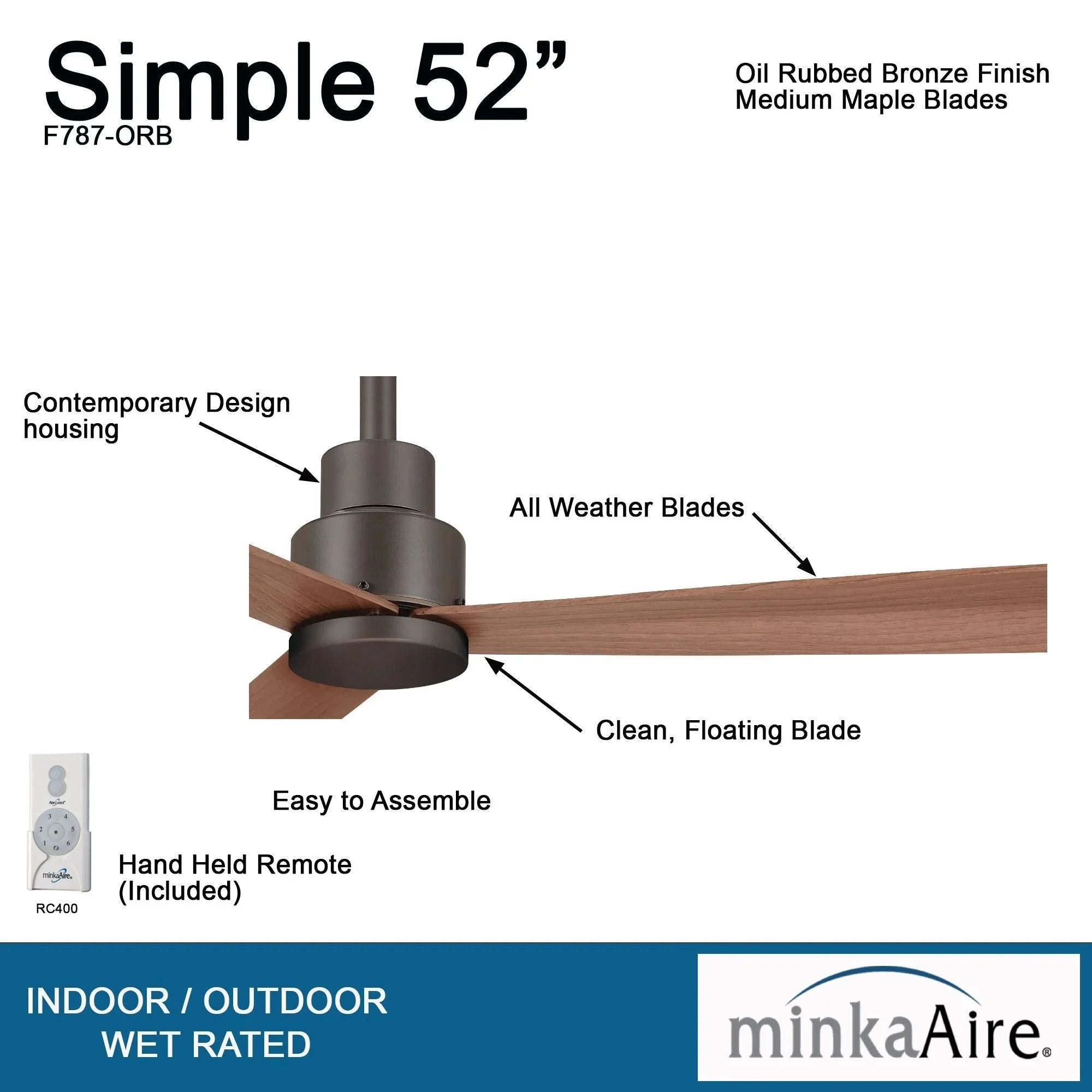 Simple 52" Bronze Wet Rated Ceiling Fan with Remote