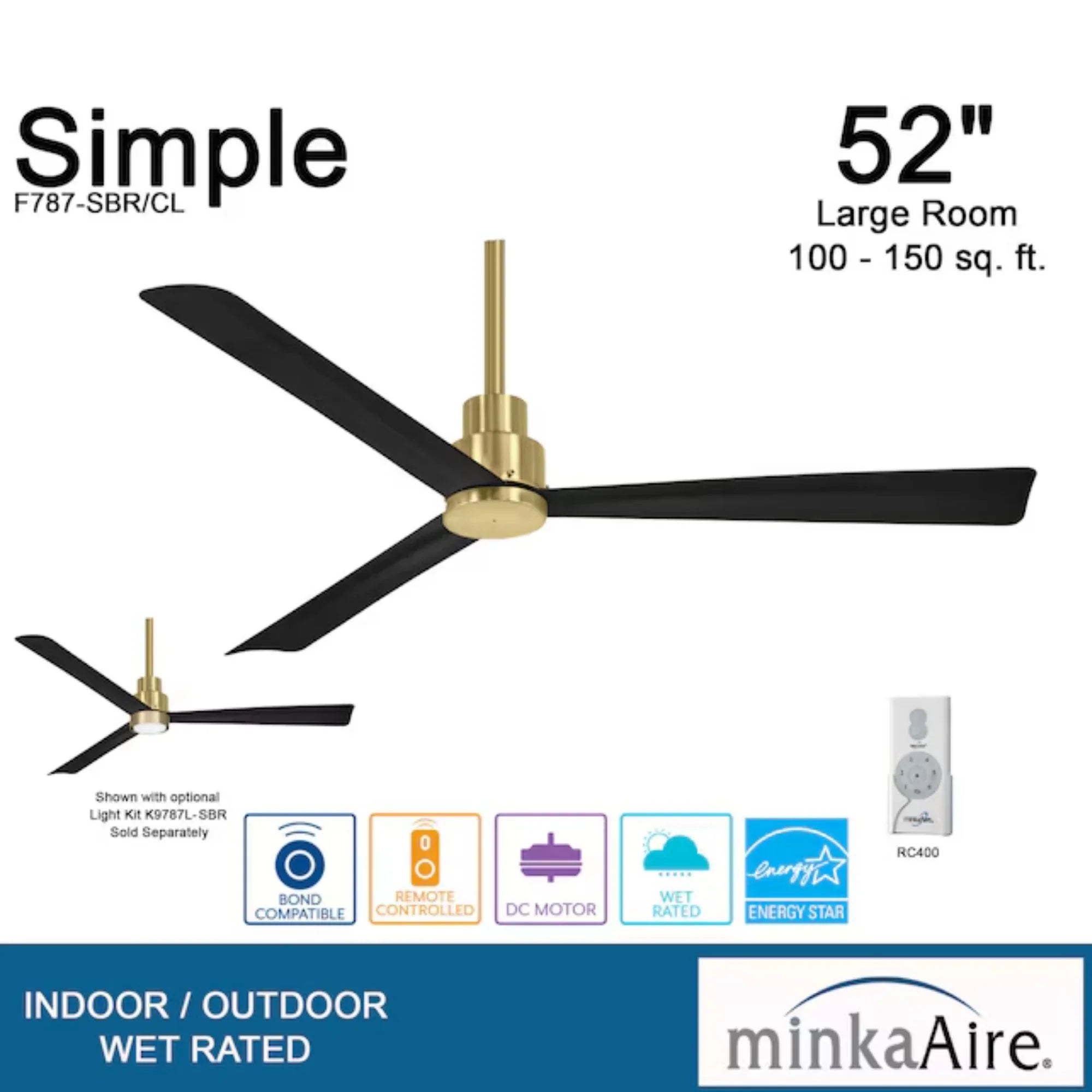 Simple 52" Brass & Black Coal Wet Rated Ceiling Fan with Remote