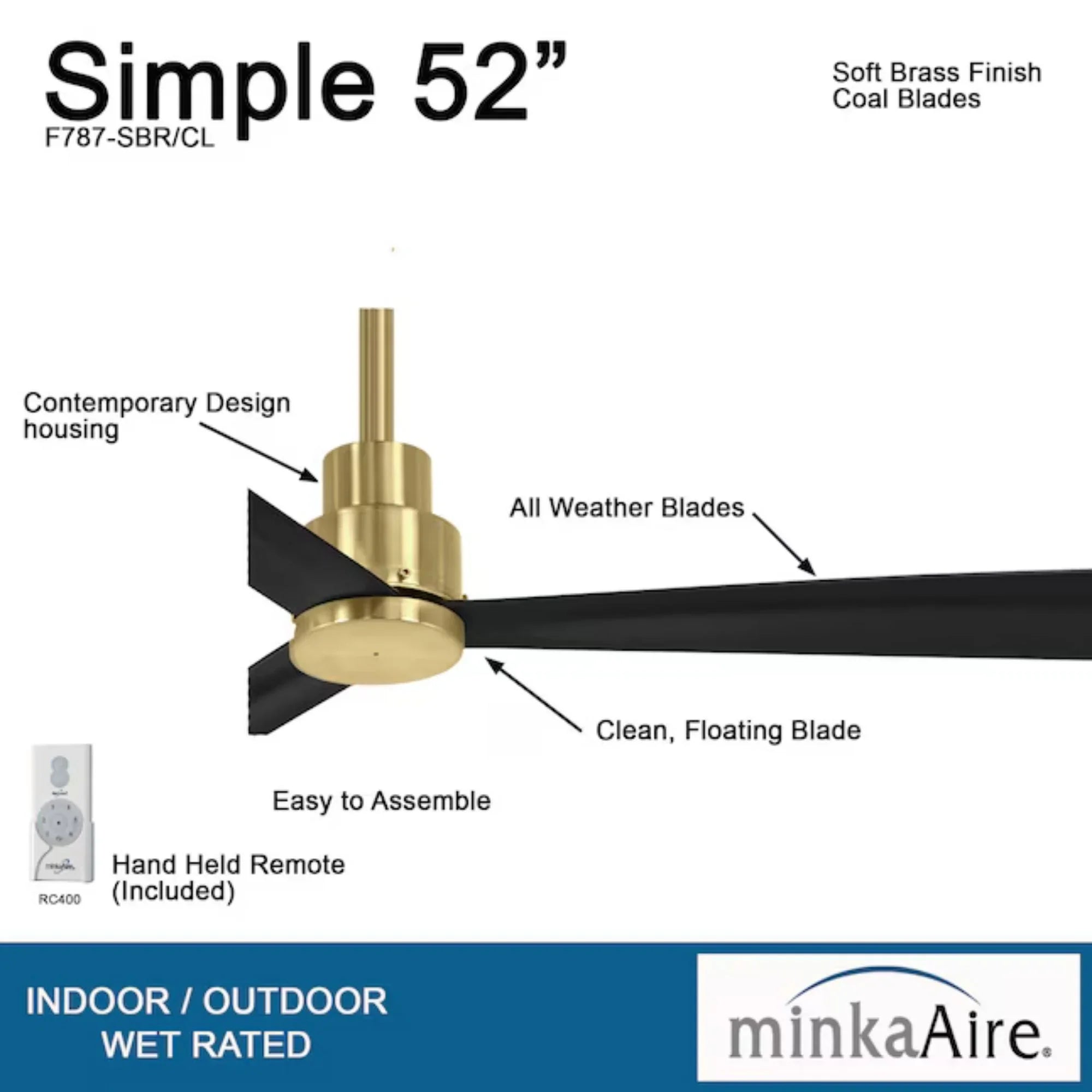 Simple 52" Brass & Black Coal Wet Rated Ceiling Fan with Remote