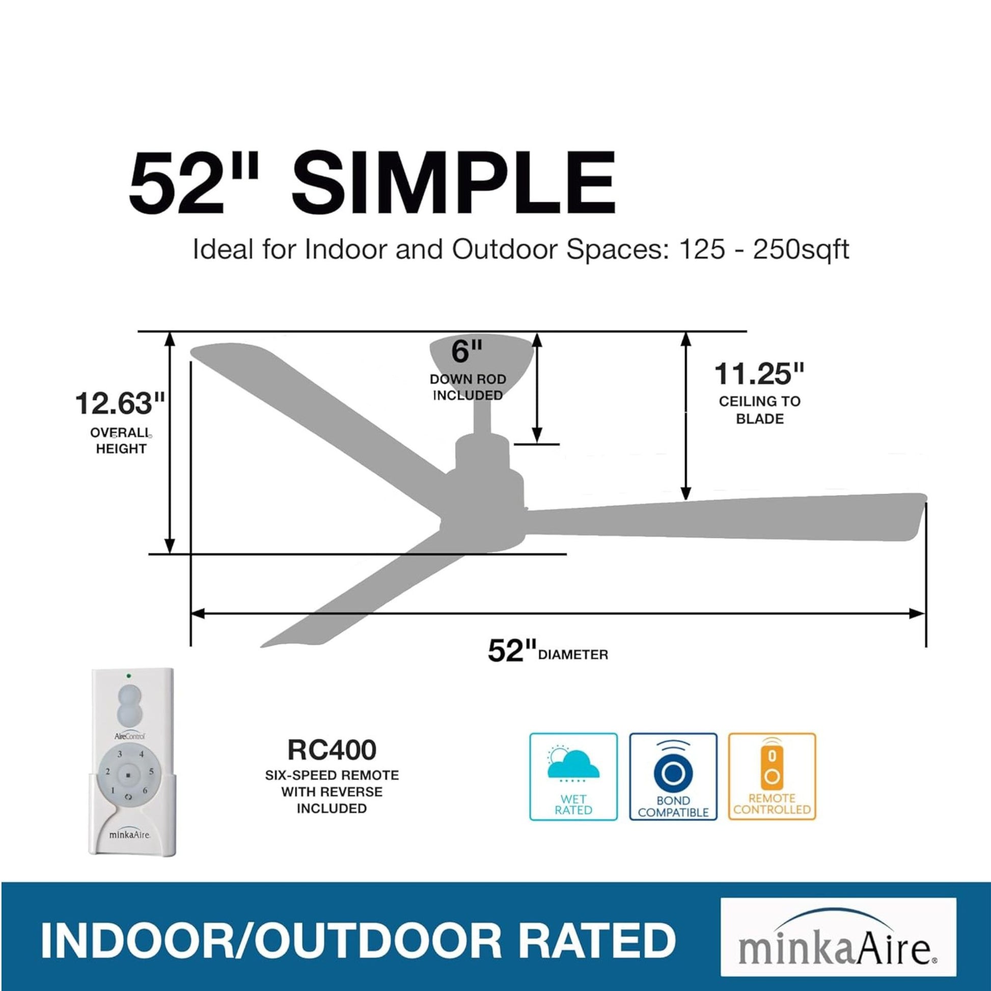 Simple 52" Brass & Black Coal Wet Rated Ceiling Fan with Remote - Bees Lighting