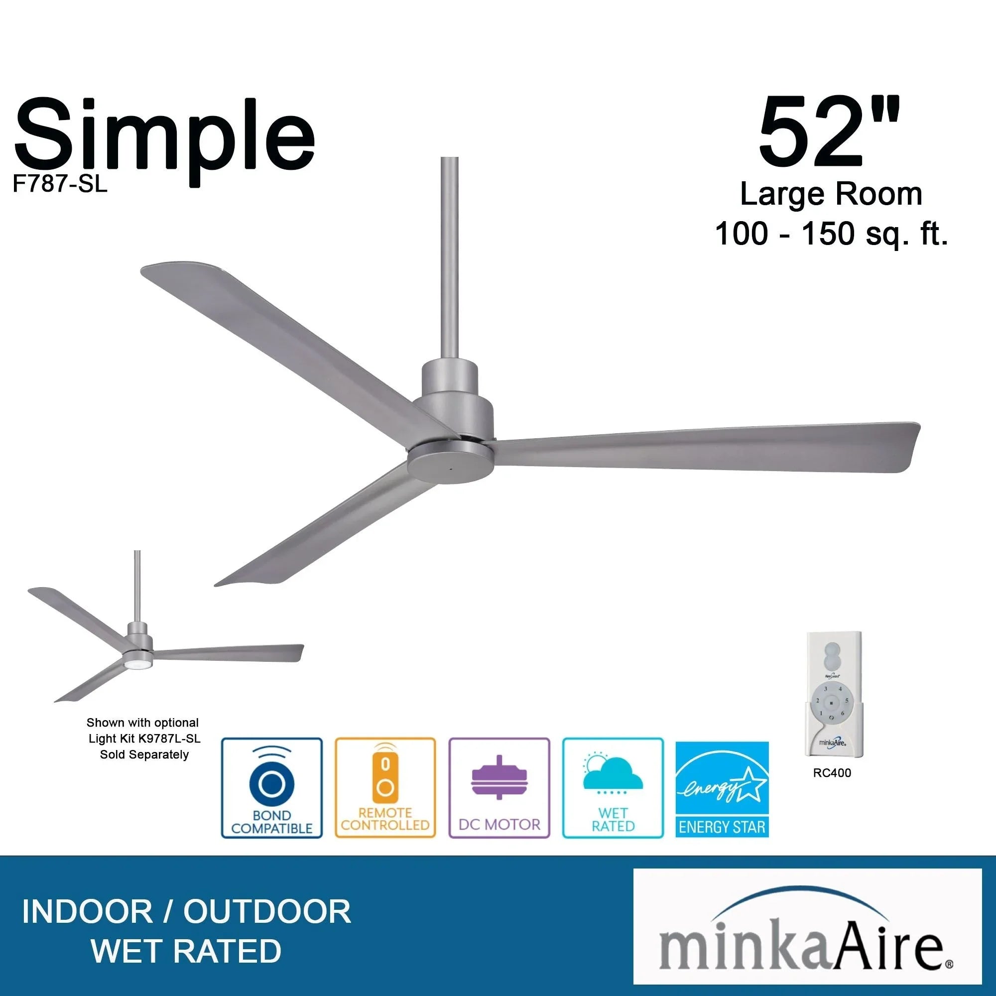 Simple 52" Silver Wet Rated Ceiling Fan with Remote
