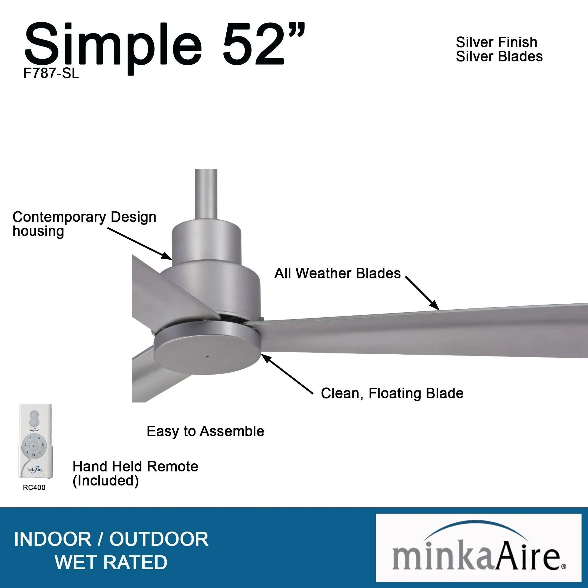 Simple 52" Silver Wet Rated Ceiling Fan with Remote