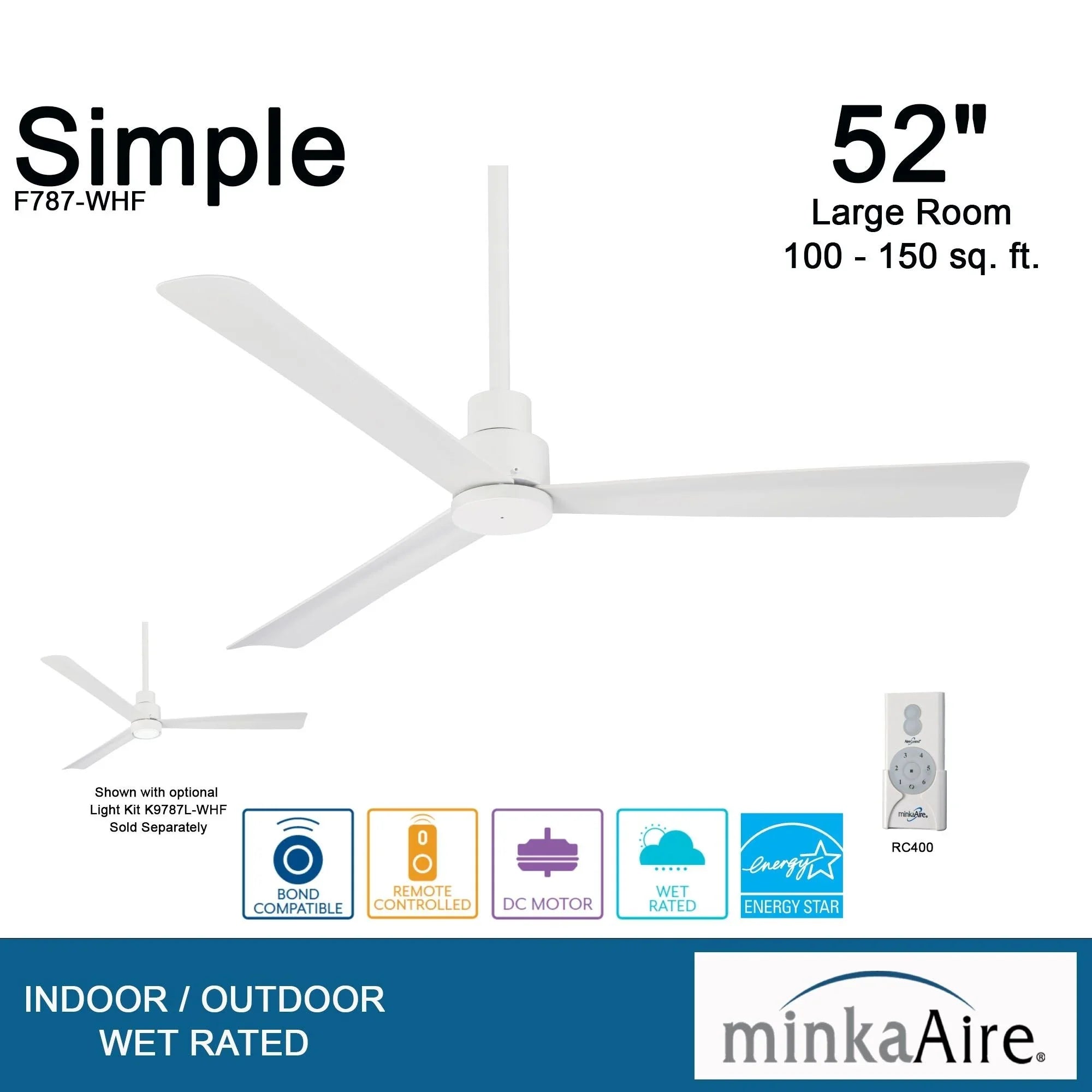 Simple 52" White Wet Rated Ceiling Fan with Remote