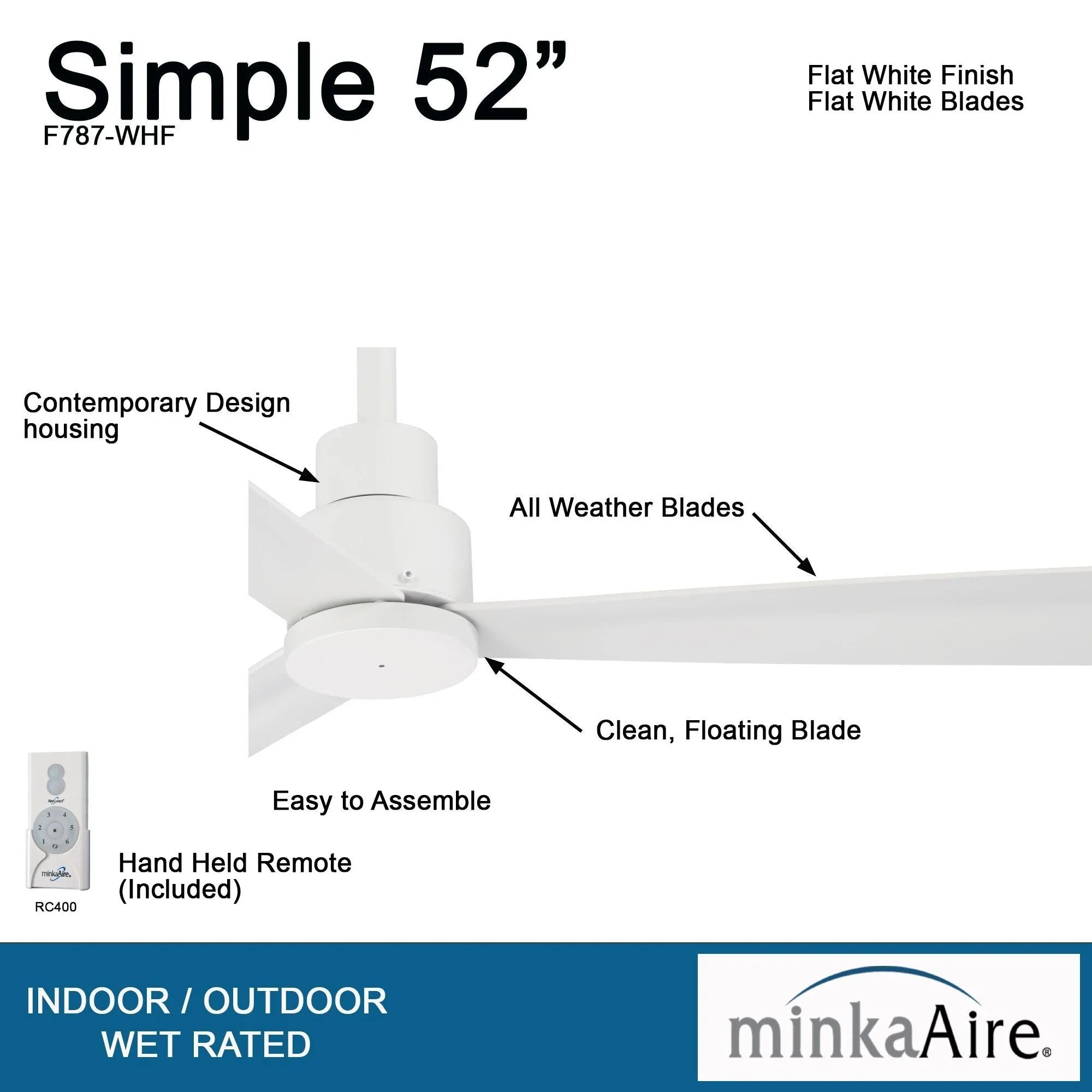 Simple 52" White Wet Rated Ceiling Fan with Remote
