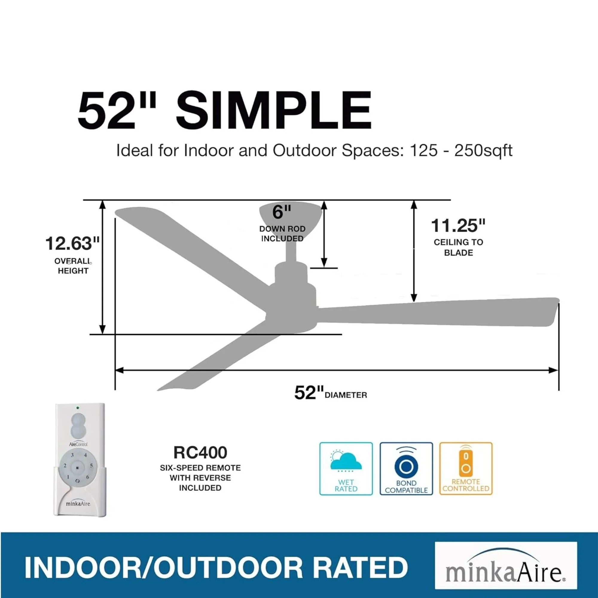 Simple 52" White Wet Rated Ceiling Fan with Remote