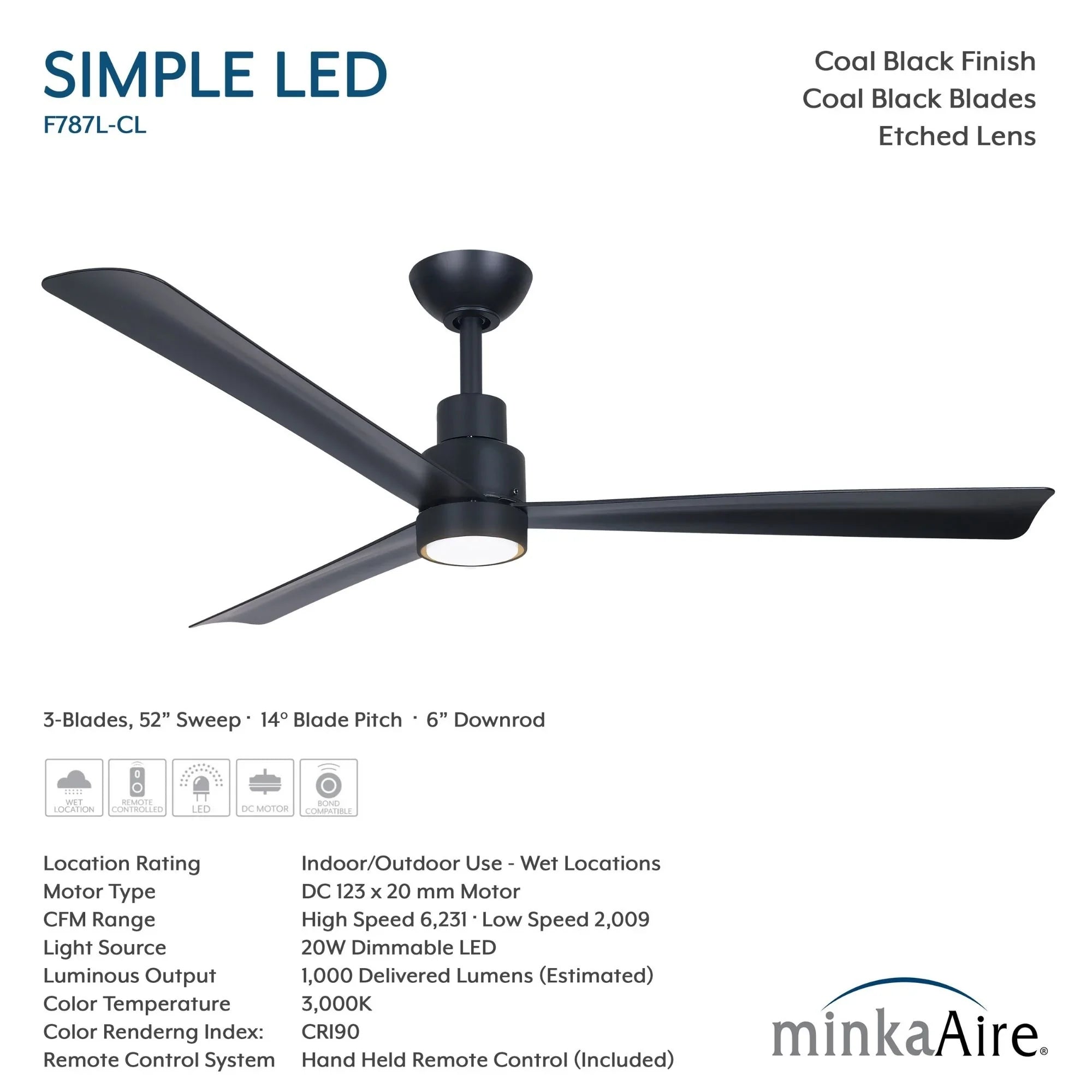 Simple 52" Coal Black LED Ceiling Fan with Remote