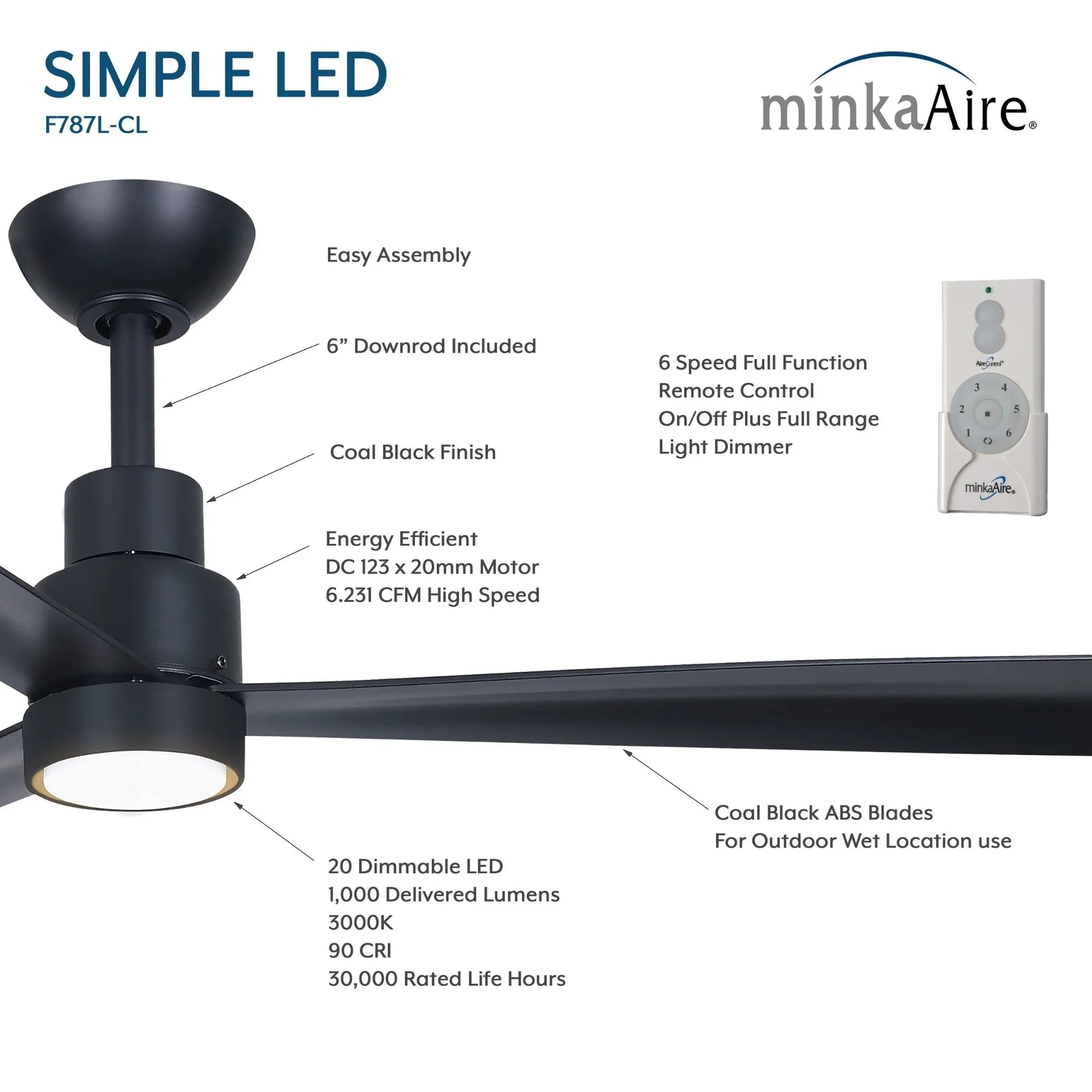 Simple 52" Coal Black LED Ceiling Fan with Remote
