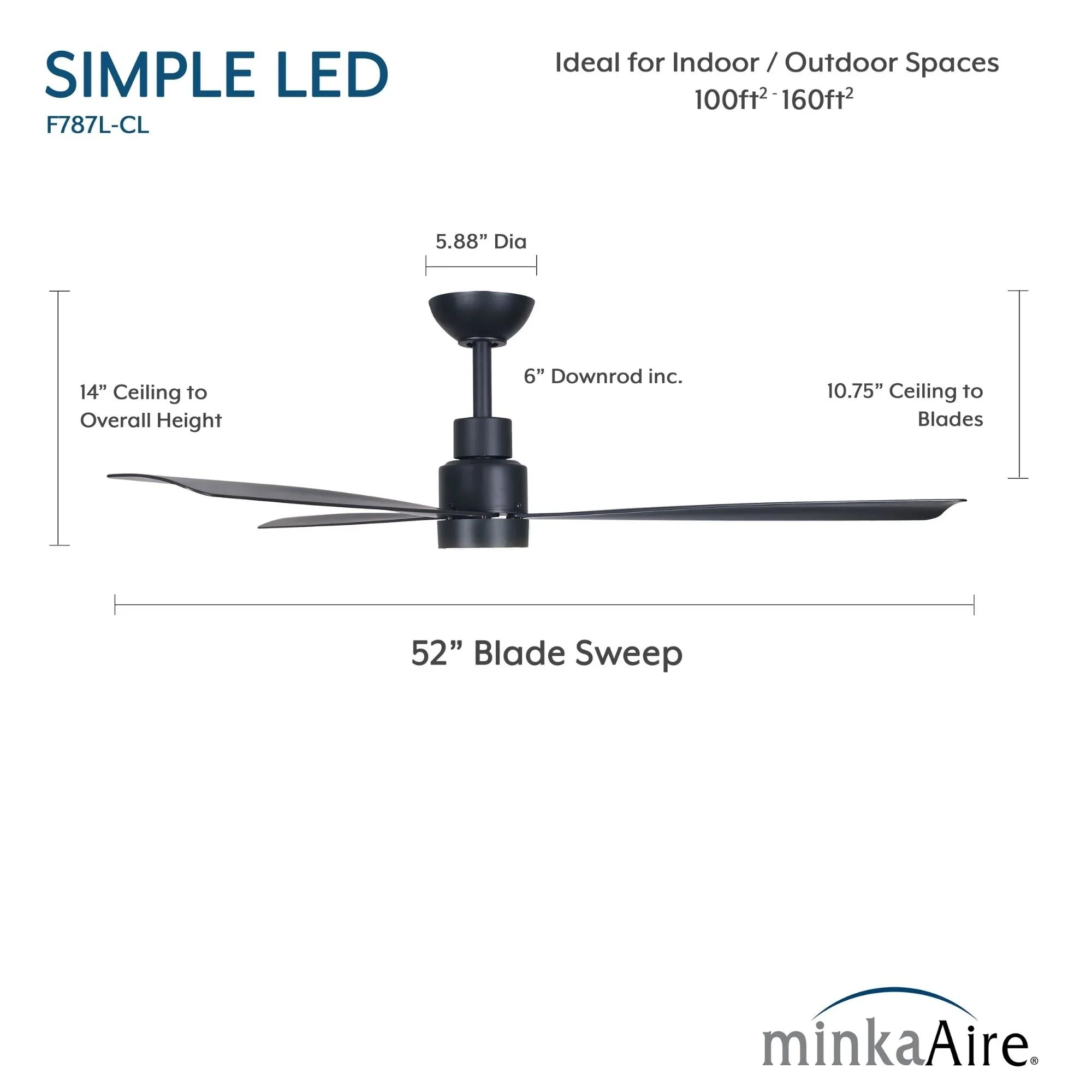 Simple 52" Coal Black LED Ceiling Fan with Remote