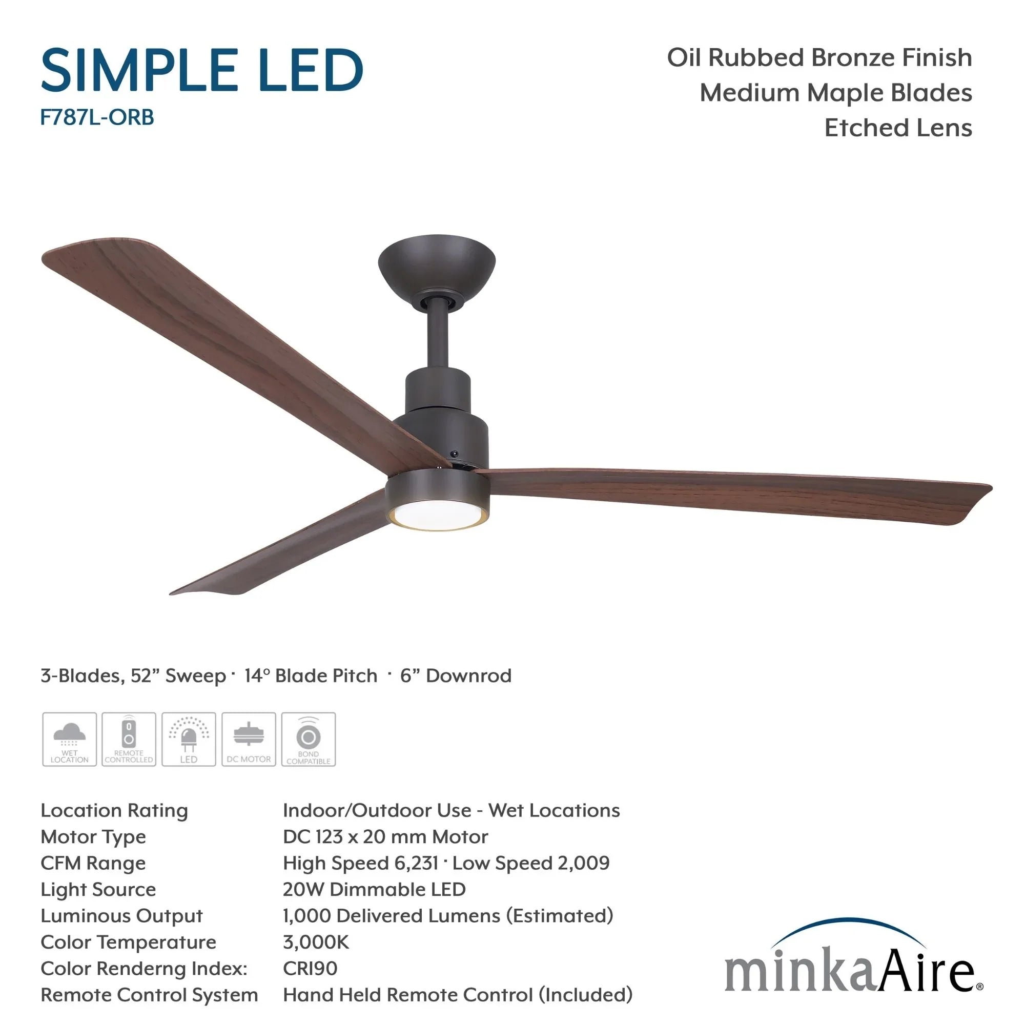 Simple 52" Oil Rubbed Bronze LED Ceiling Fan with Remote