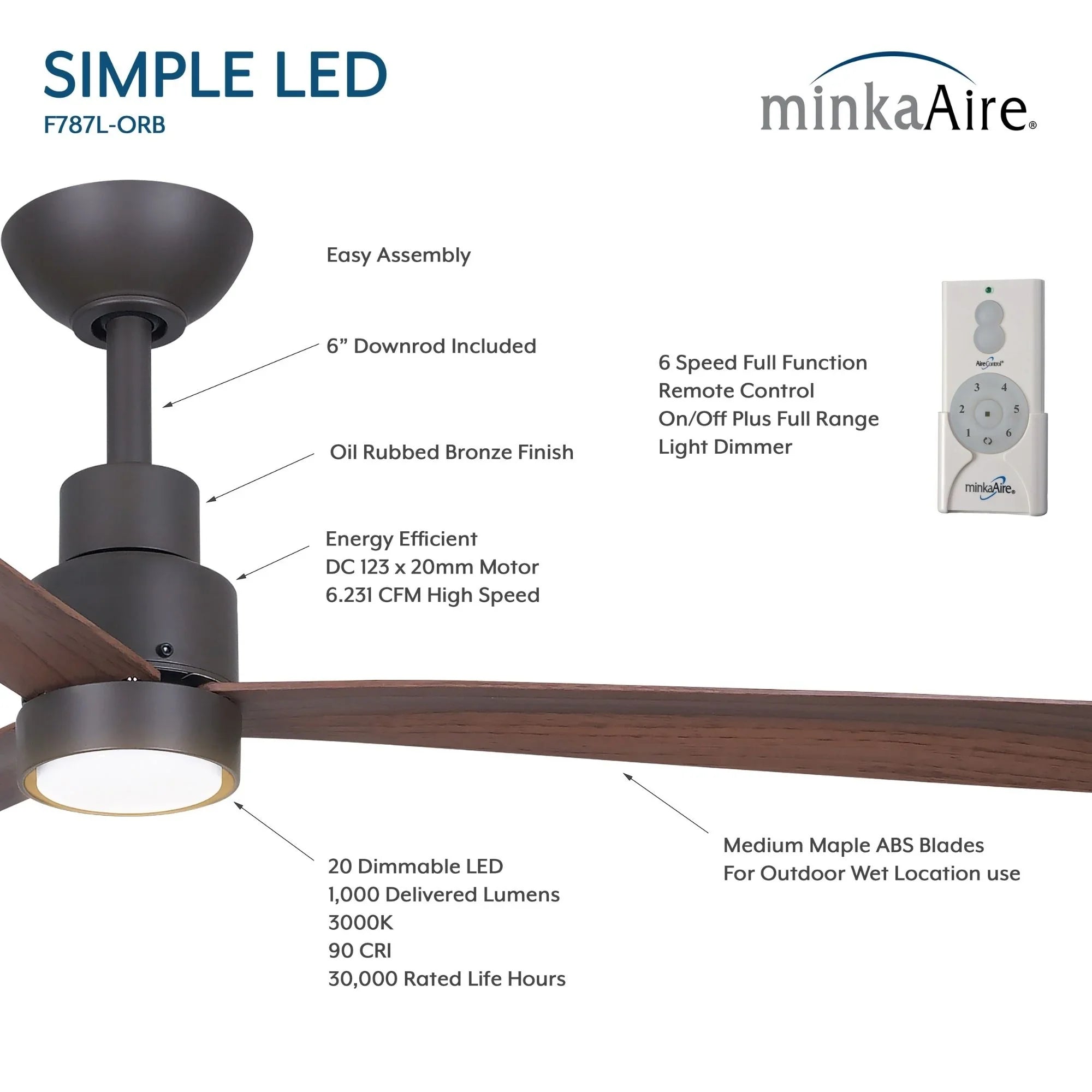 Simple 52" Oil Rubbed Bronze LED Ceiling Fan with Remote