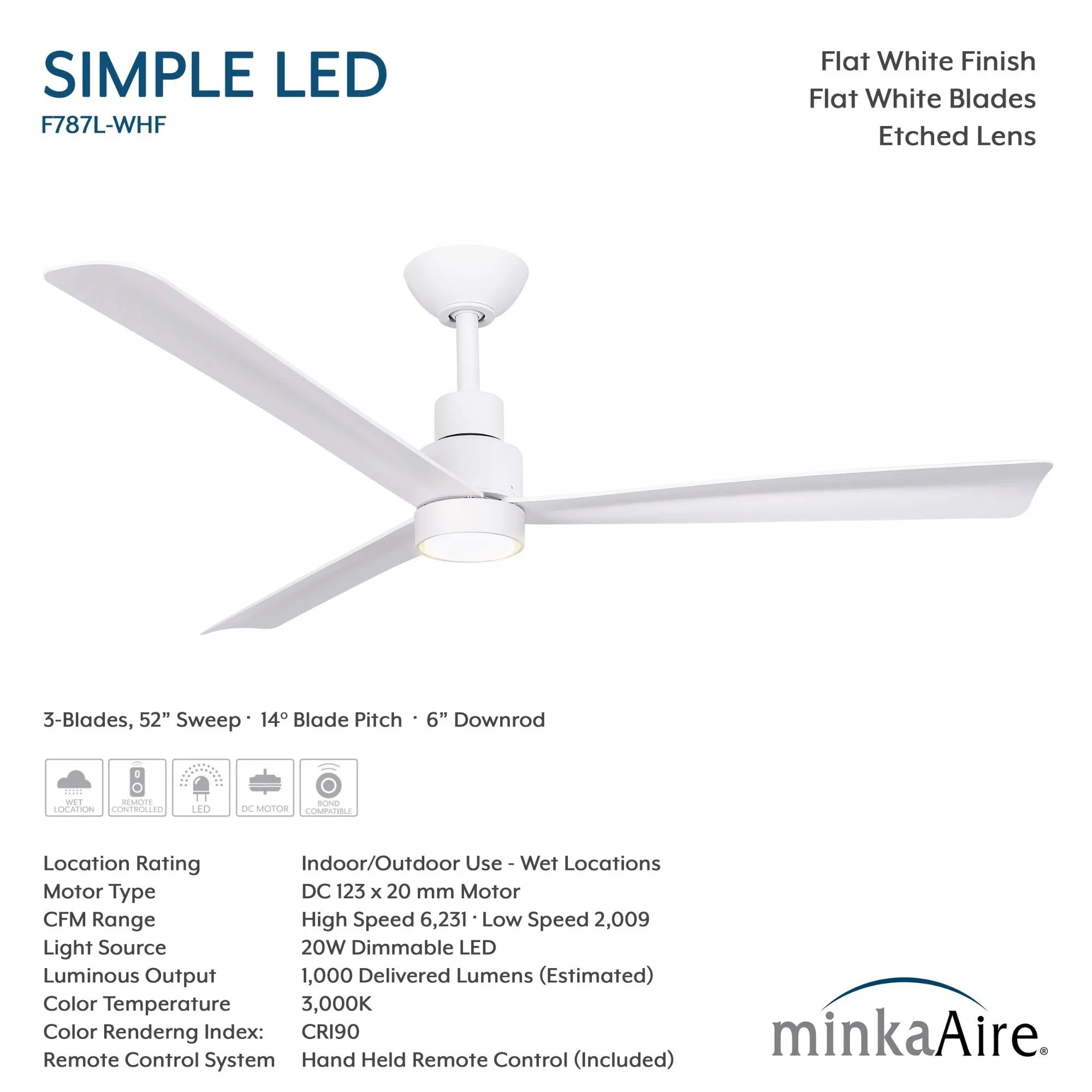 Simple 52" Flat White LED Ceiling Fan with Remote