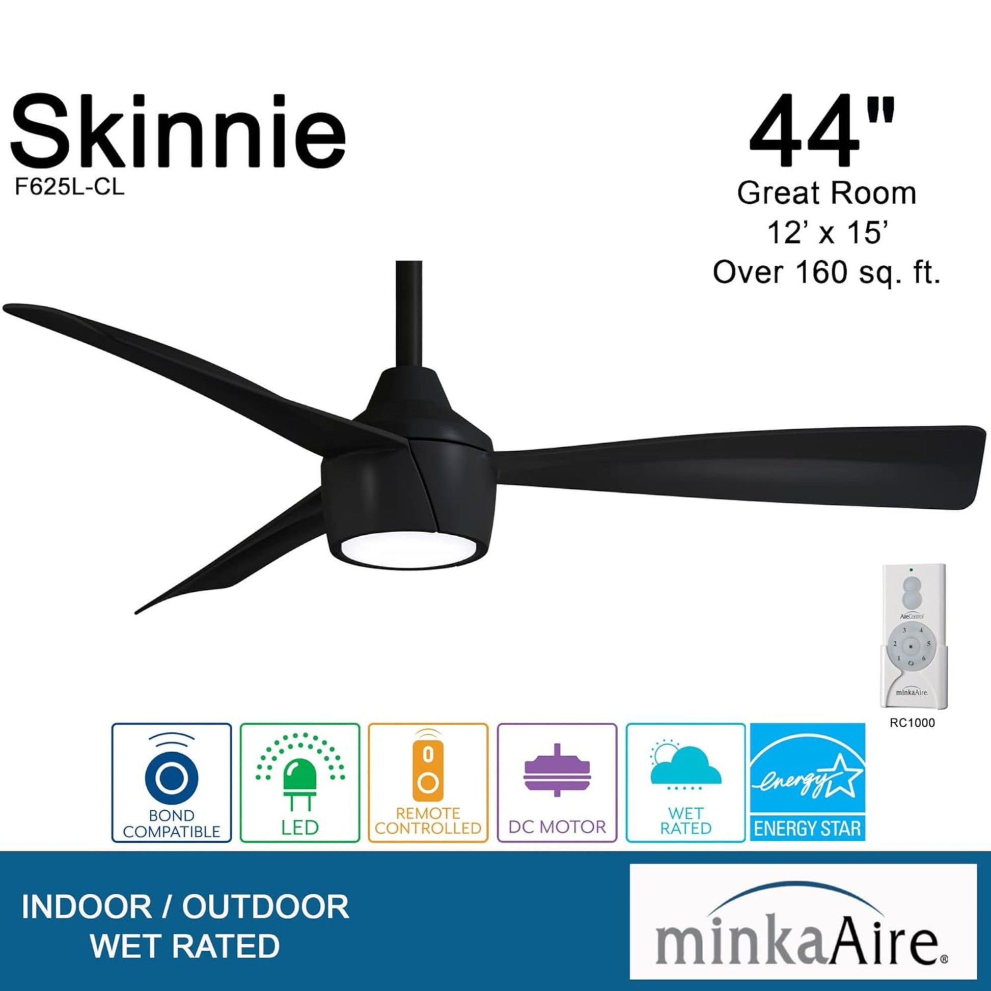 Skinnie LED 44" Black Coal Outdoor Ceiling Fan with Remote - Bees Lighting