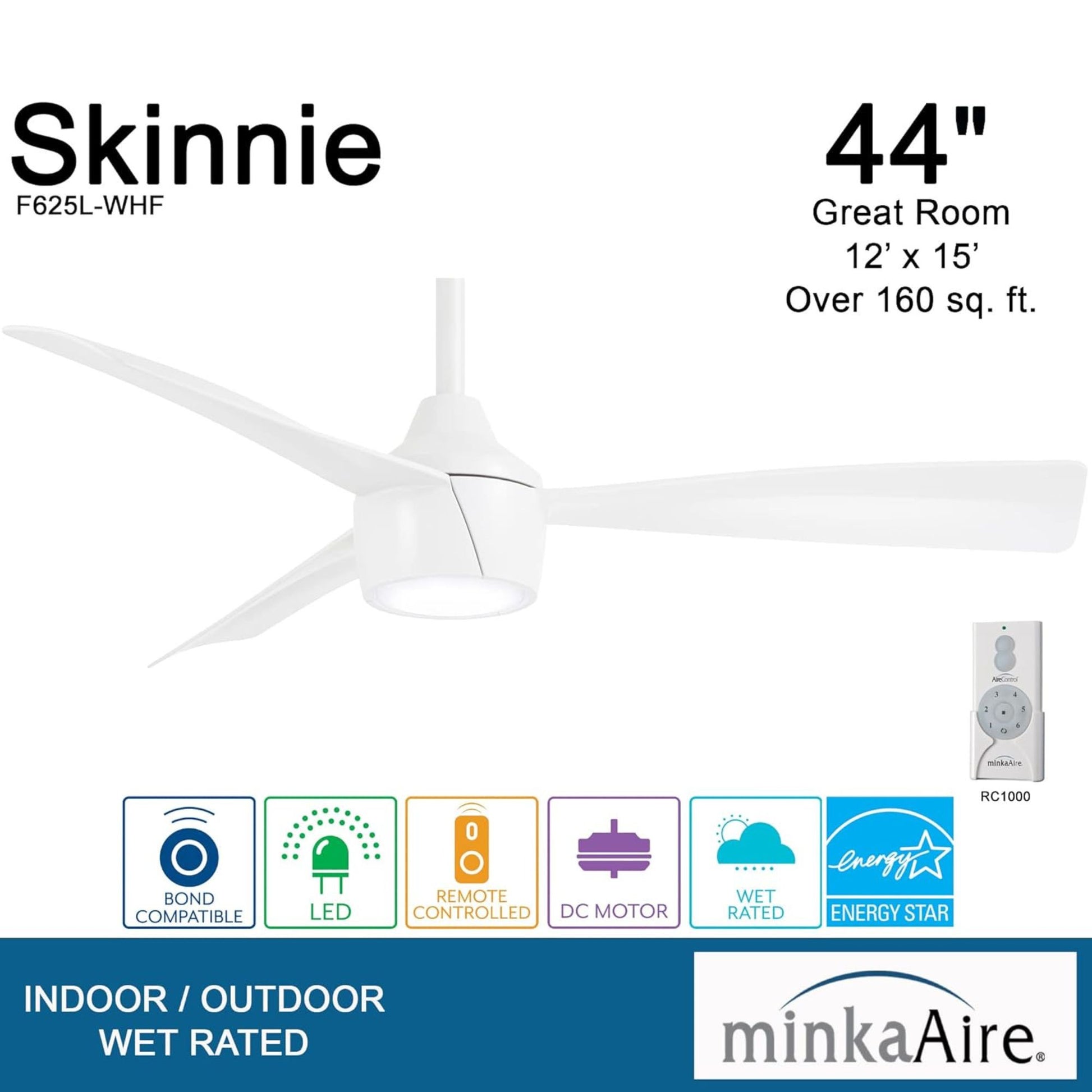 Skinnie LED 44" White Outdoor Ceiling Fan with Remote - Bees Lighting