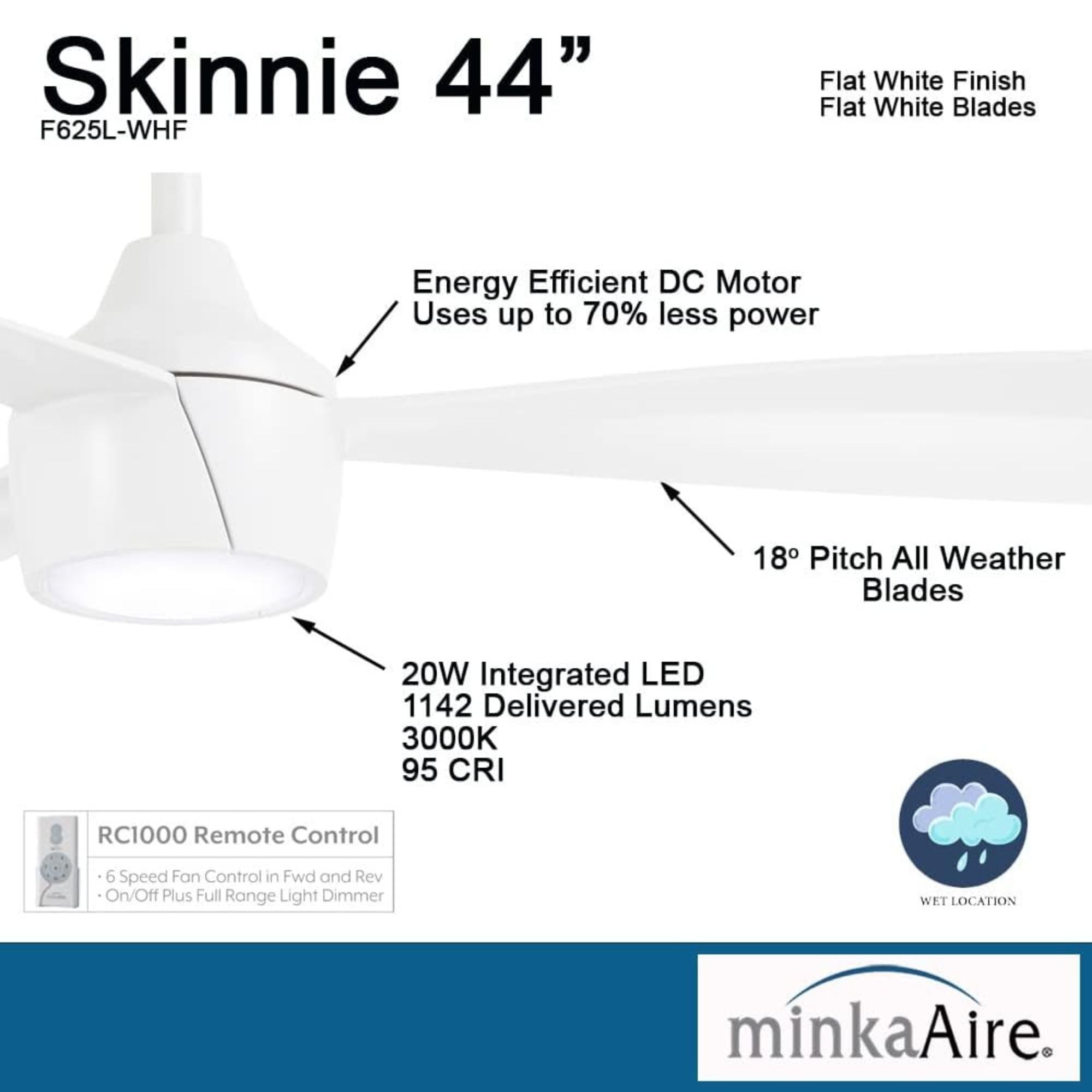 Skinnie LED 44" White Outdoor Ceiling Fan with Remote - Bees Lighting