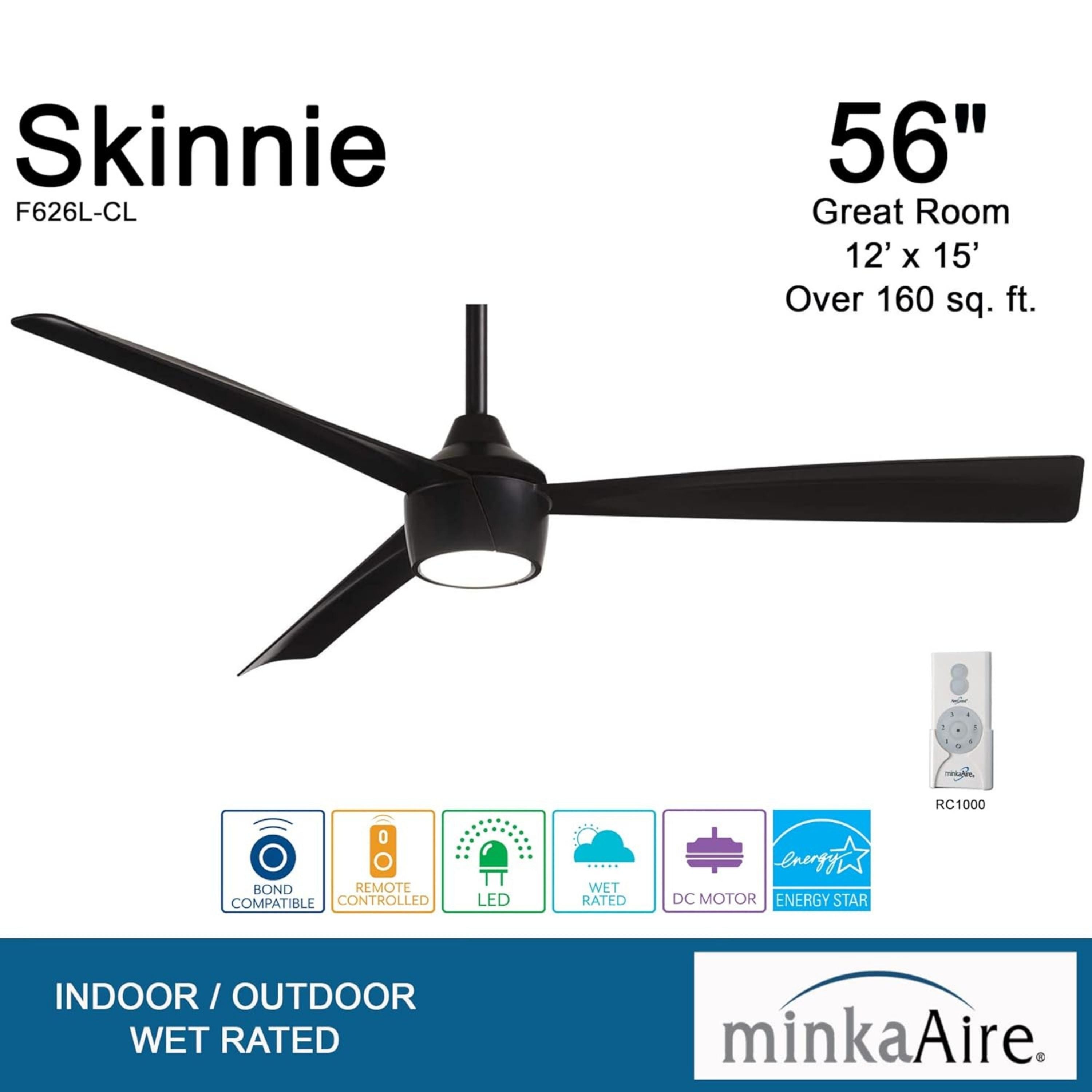 Skinnie LED 56" Black Coal Outdoor Ceiling Fan with Remote