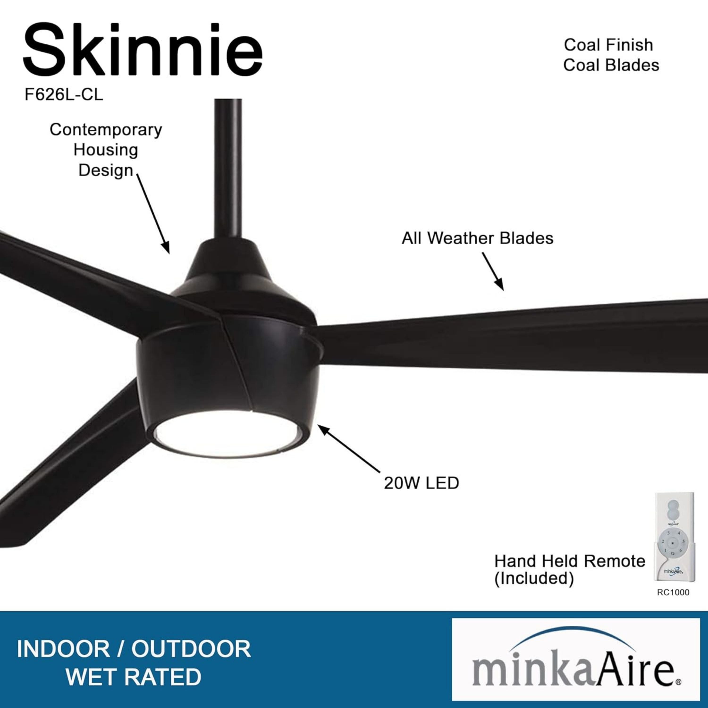 Skinnie LED 56" Black Coal Outdoor Ceiling Fan with Remote