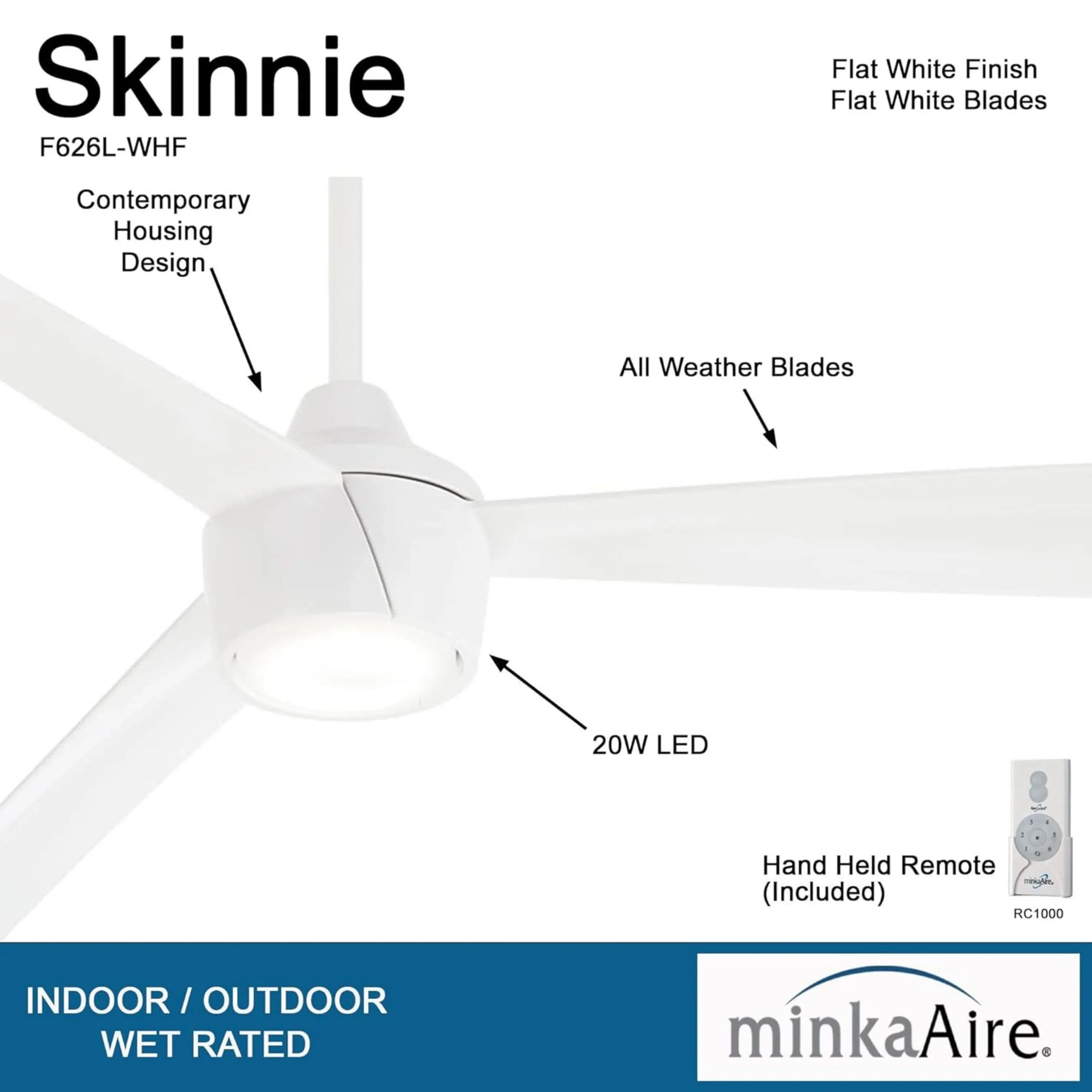 Skinnie LED 56" White Outdoor Ceiling Fan with Remote