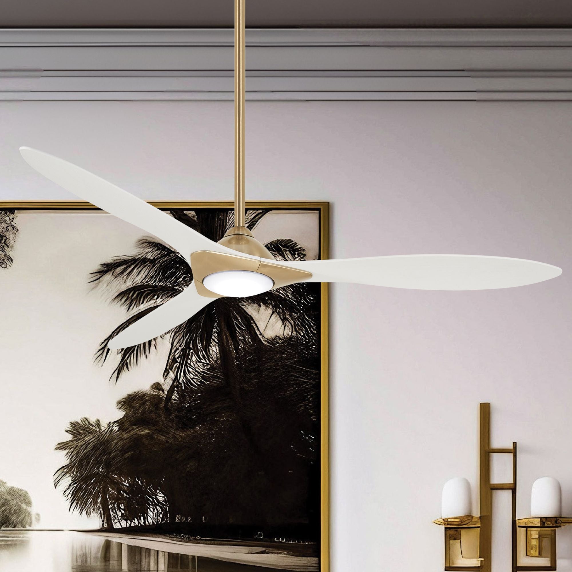 Sleek LED 60" Smart Ceiling Fan with Remote, Satin Brass with White Blades - Bees Lighting