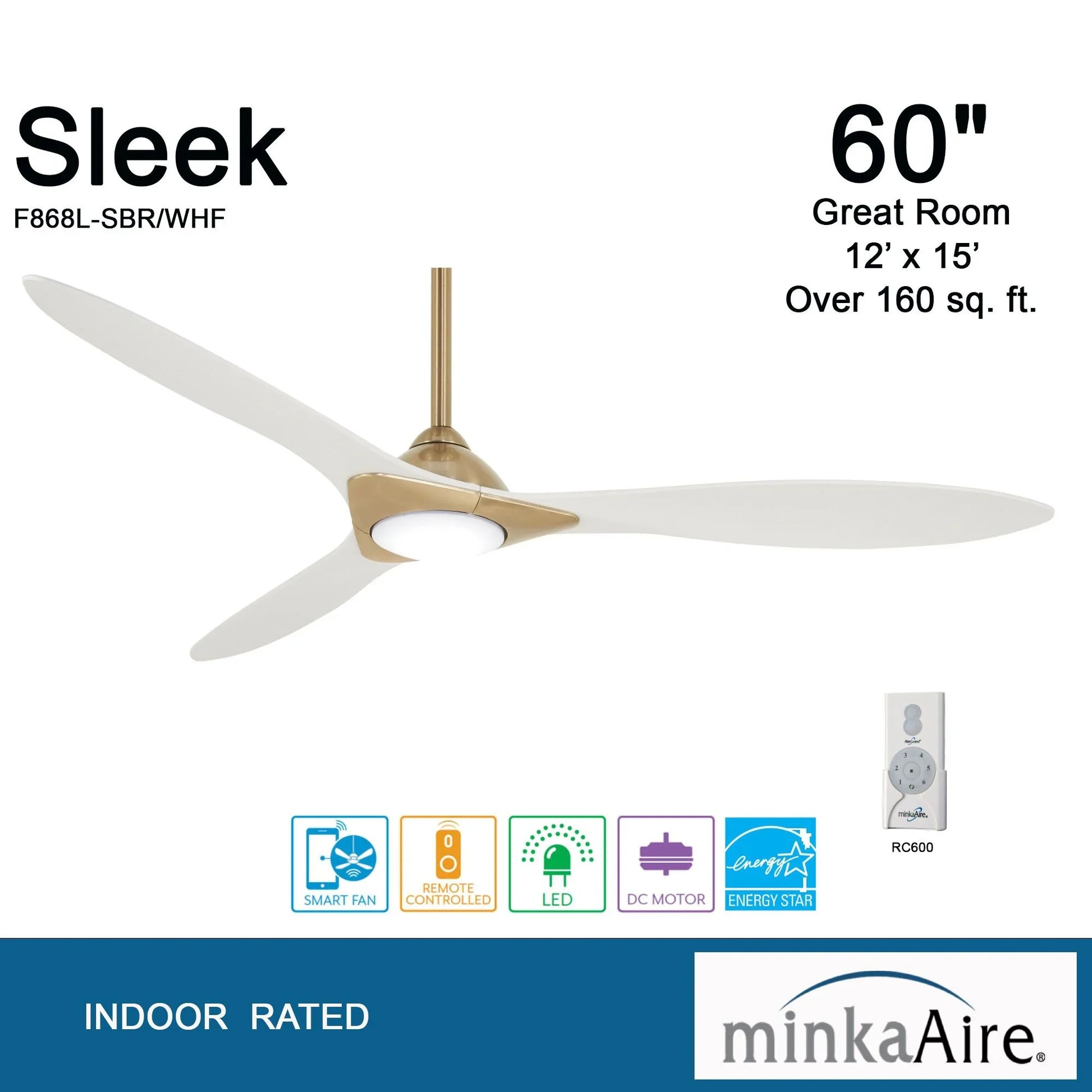 Sleek LED 60" Smart Ceiling Fan with Remote, Satin Brass with White Blades - Bees Lighting
