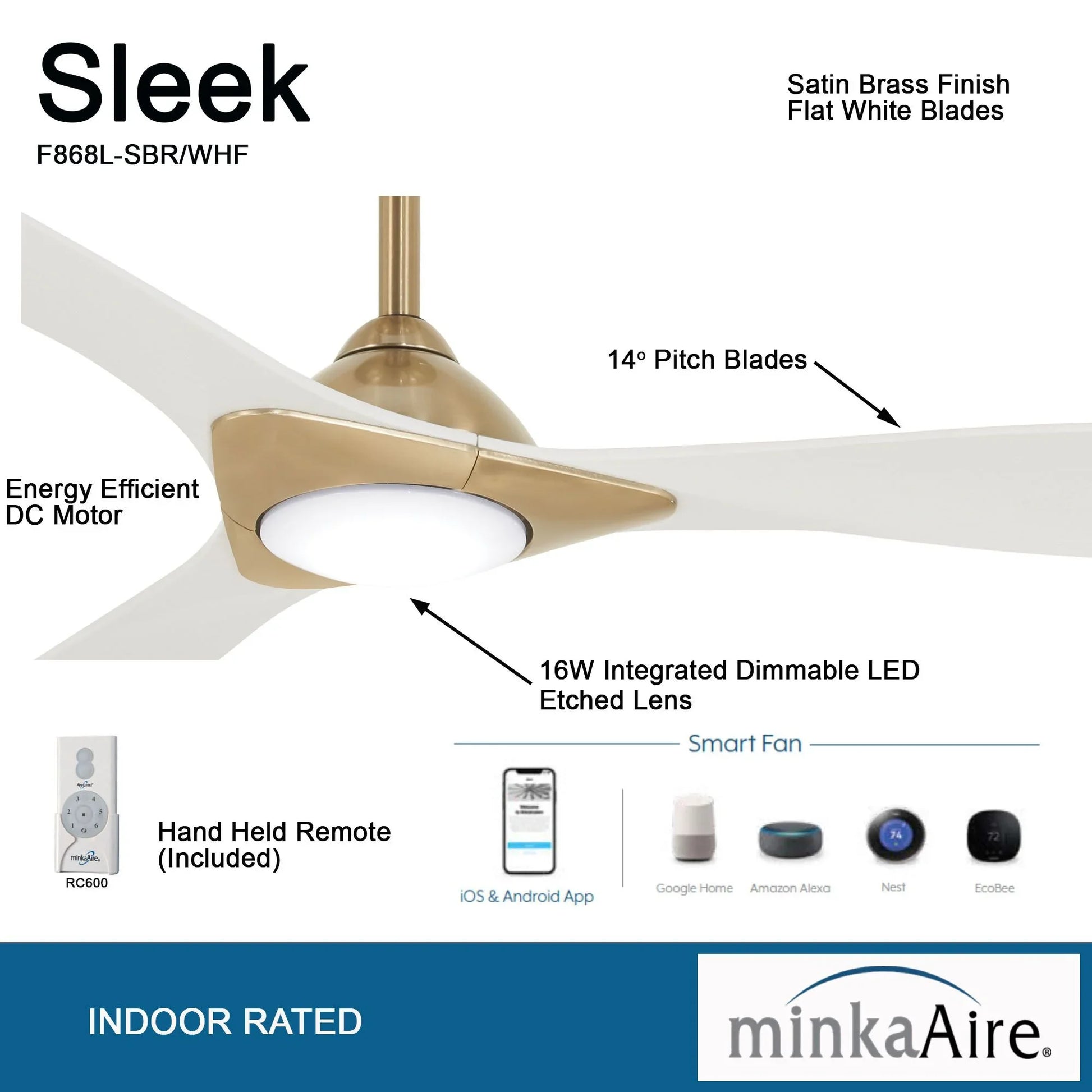Sleek LED 60" Smart Ceiling Fan with Remote, Satin Brass with White Blades - Bees Lighting