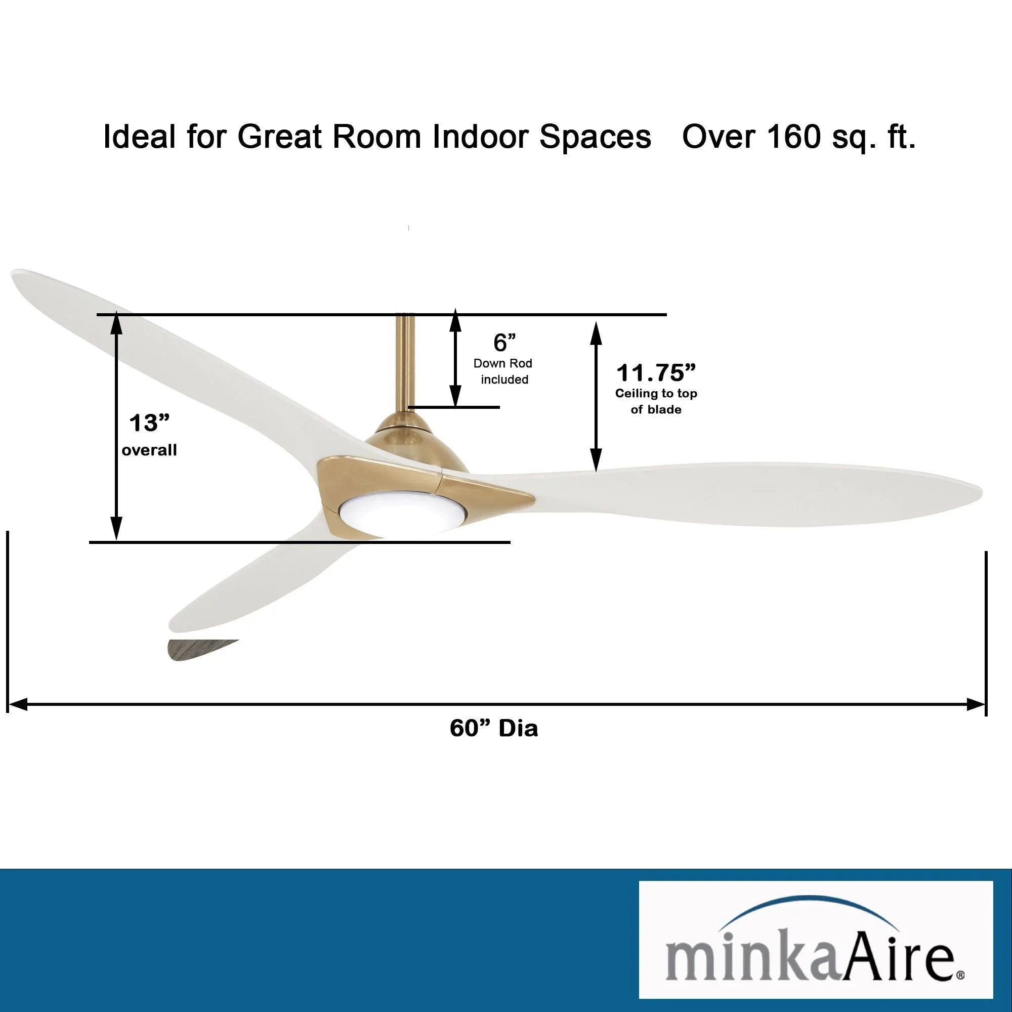 Sleek LED 60" Smart Ceiling Fan with Remote, Satin Brass with White Blades - Bees Lighting