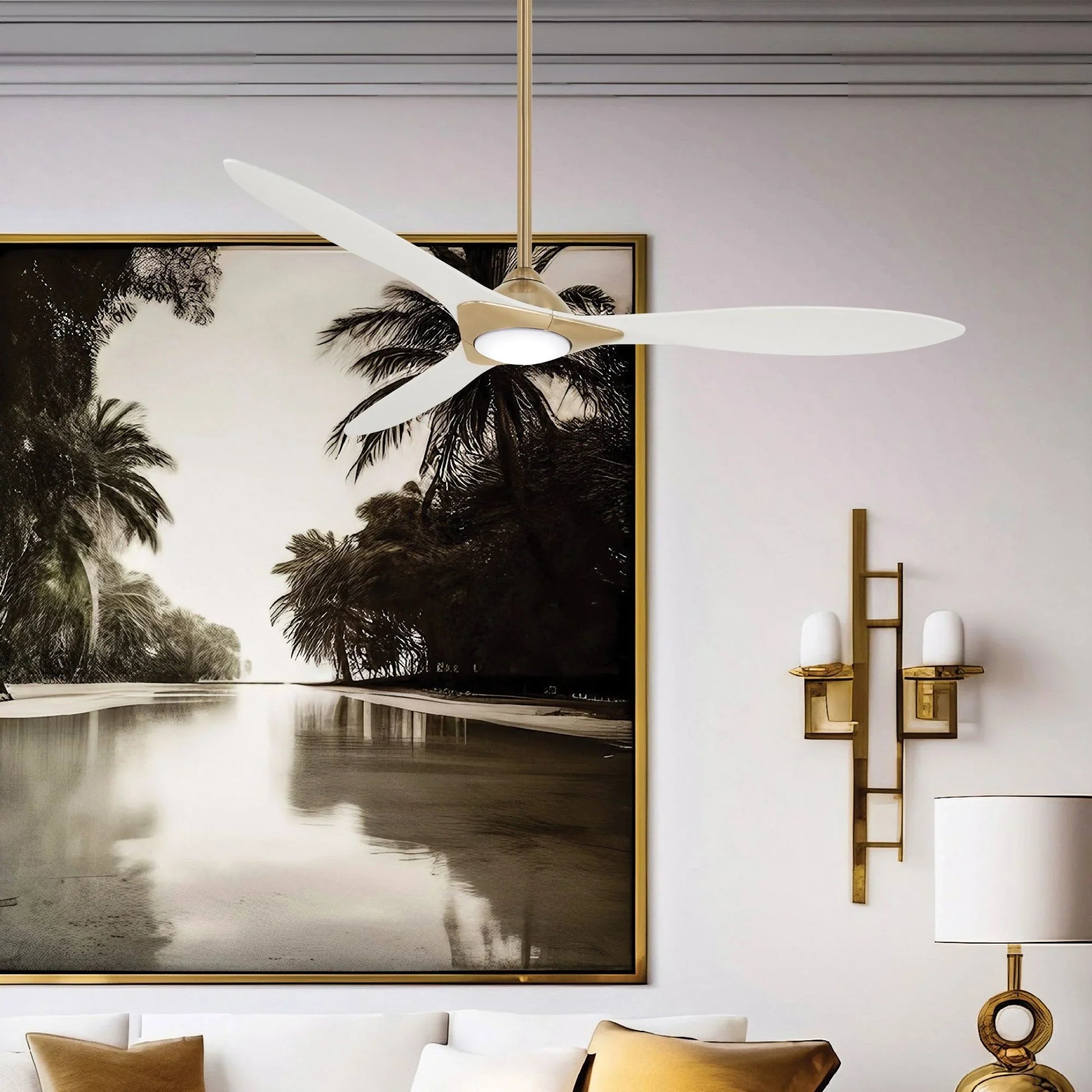 Sleek LED 60" Smart Ceiling Fan with Remote, Satin Brass with White Blades - Bees Lighting