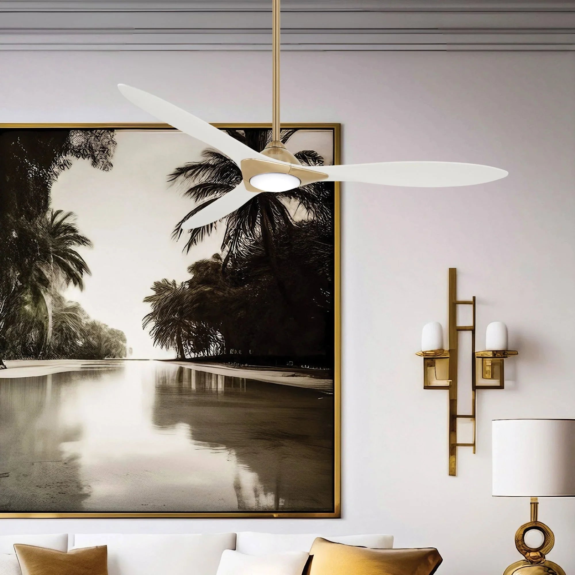 Sleek LED 60" Smart Ceiling Fan with Remote, Satin Brass with White Blades - Bees Lighting